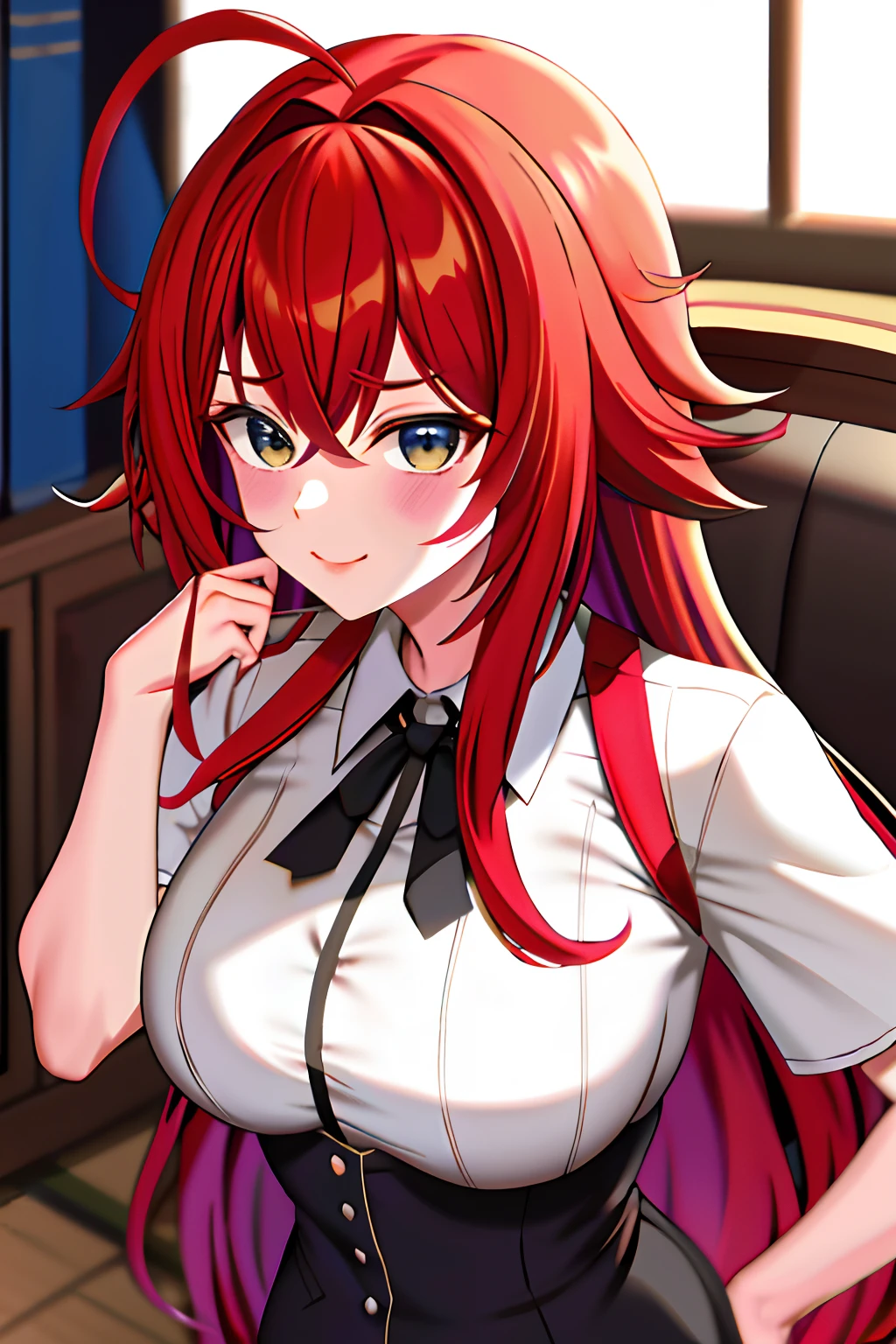 master part, best quality, Alto, best quality, Alto, Rias Gremory, 1girl, Cabelos Longos, Uniforme escolar, red hair, Ahoge, olhos azuis, seios grandes, cabelos muito longos, seios, Saia, afogamento enorme, Meias, dentro de trem, Dark lighting