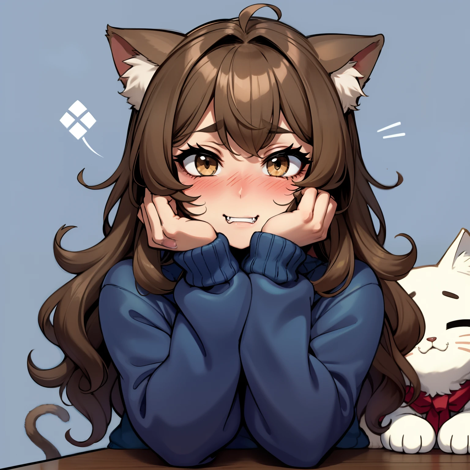 Soft, cute adult neko with puffy brown hair wearing a loose fuzzy blue sweater, adorable, has cat fangs and a blushy look on her face