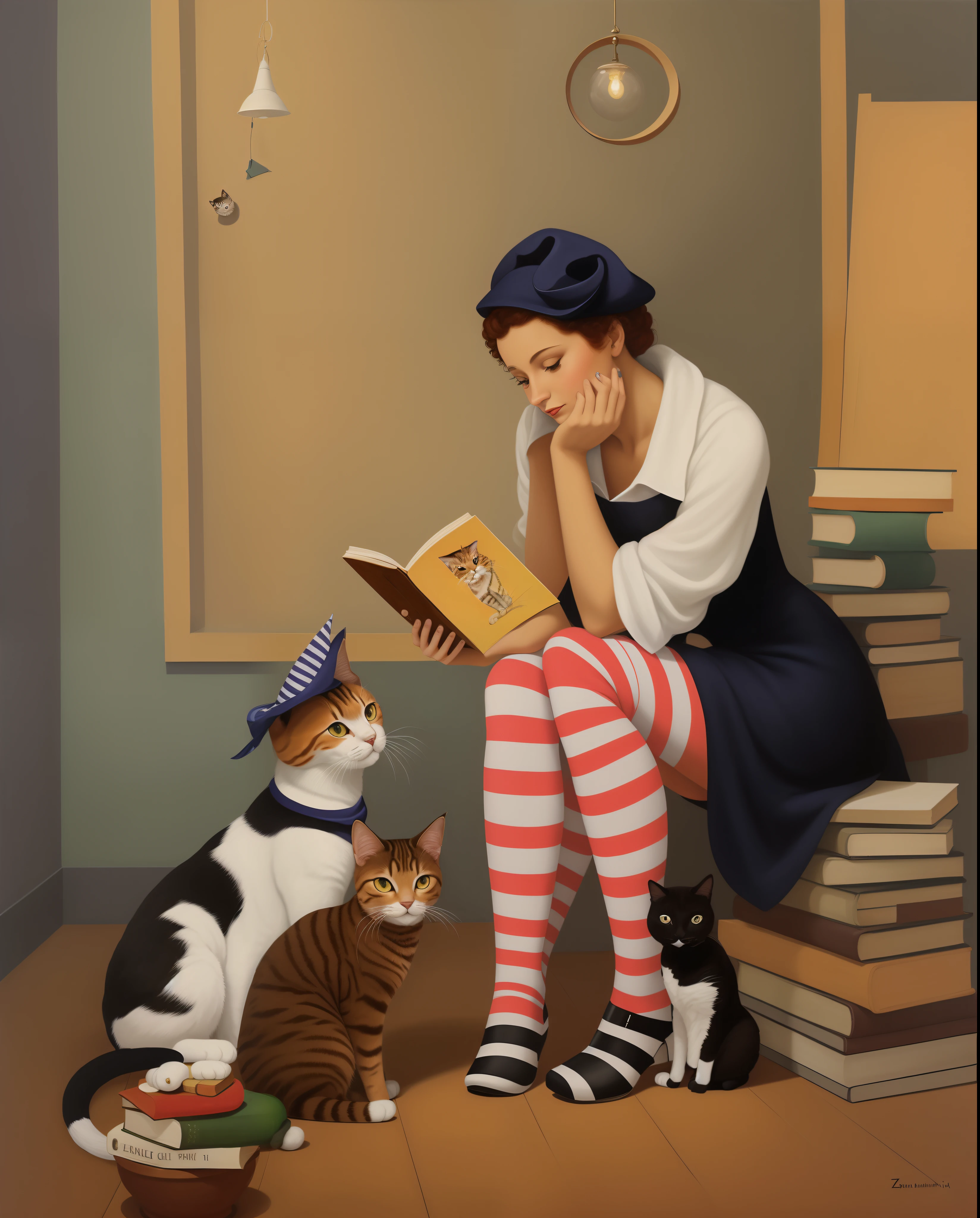 Pintura de uma mulher sentada em uma pilha de livros com um gato perfeito, oil painting of cat witch, inspirado em Rafal Olbinski, magic realism painting, inspirado em Judith Leyster, Directed by: Yvonne Jacquette, Directed by: Olga Boznańska, inspirado em Alison Kinnaird, inspirado em Ruth Sanderson, Directed by: Zsuzsa Máthé, cat face without deformation.