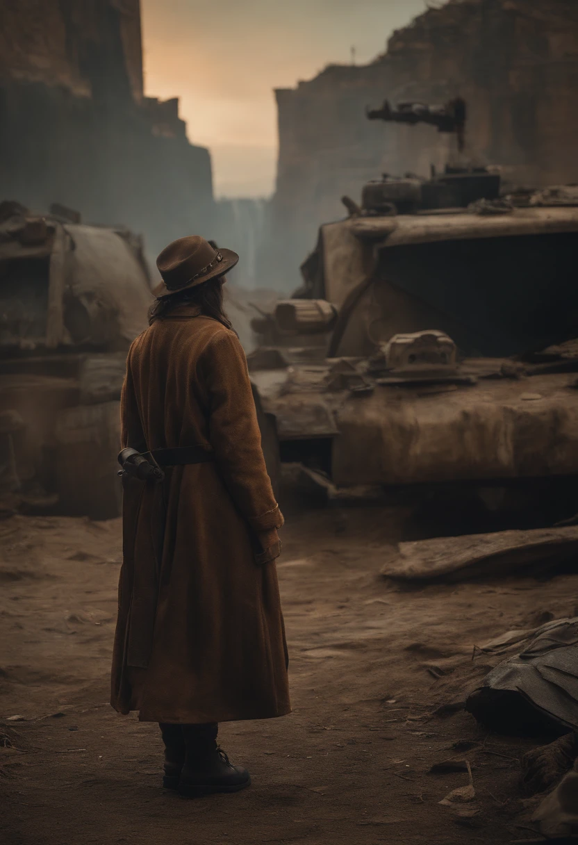 Cimematic shot , [subject] wearing a [clothes],  post-apocalyptic [place ], Back Angle, taked by IMAX 65mm camera, [lighting],  hyper-detailed --ar 21:9 --style raw