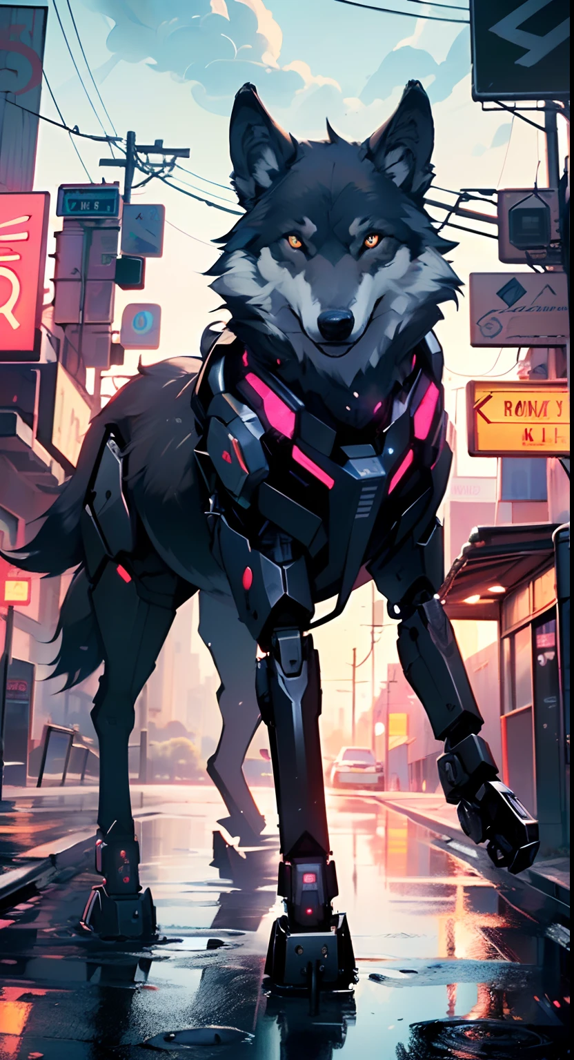 (((A mechanical wolf,cyborg wolf,cyborg-wolf,animal,wolf robot))),no human,detailed wolf,intricate mechanic wolf,

(dynamic pose:1.0),solo focus,(centered,scale to fit dimensions,Rule of thirds),

(dynamic pose:1.0),solo focus,embarrassed,(centered,scale to fit dimensions,Rule of thirds),

cyberpunk city by the ocean at night, with bright neon signs and dark stormy clouds and puddles, scenery:1.25,

highres, sharp focus, (ultra detailed, extremely detailed), (photorealistic artwork:1.37),(extremely detailed CG unity 8k wallpaper),((synthwave background theme)),(((vibrant colors))),(intricate background),(masterpiece),(best quality),