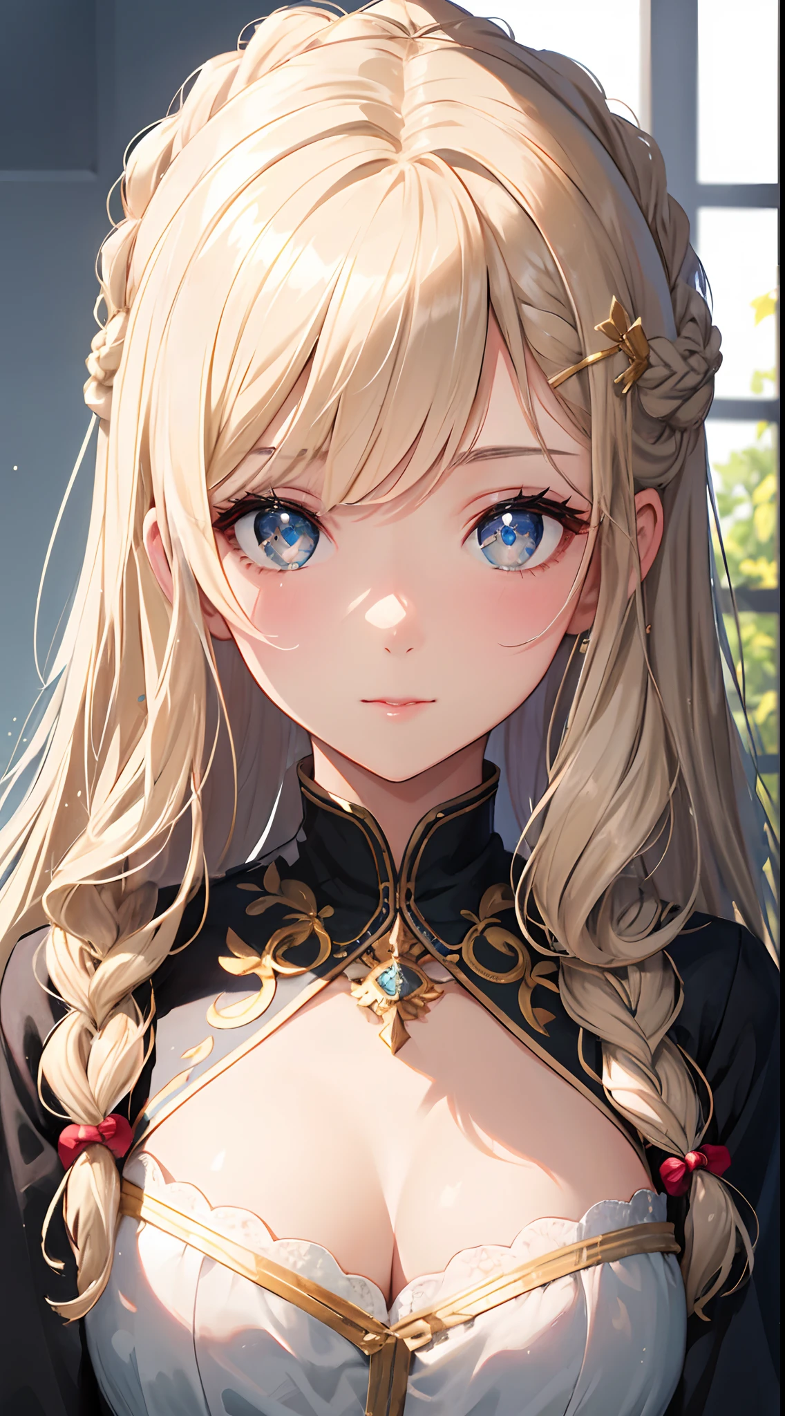 (best quality, masterpiece),1girl, shaped face, finely detailed beautiful face, long hair, french braid, blonde hair, gray eyes, finely detailed beautiful eyes, sparkling eyes,