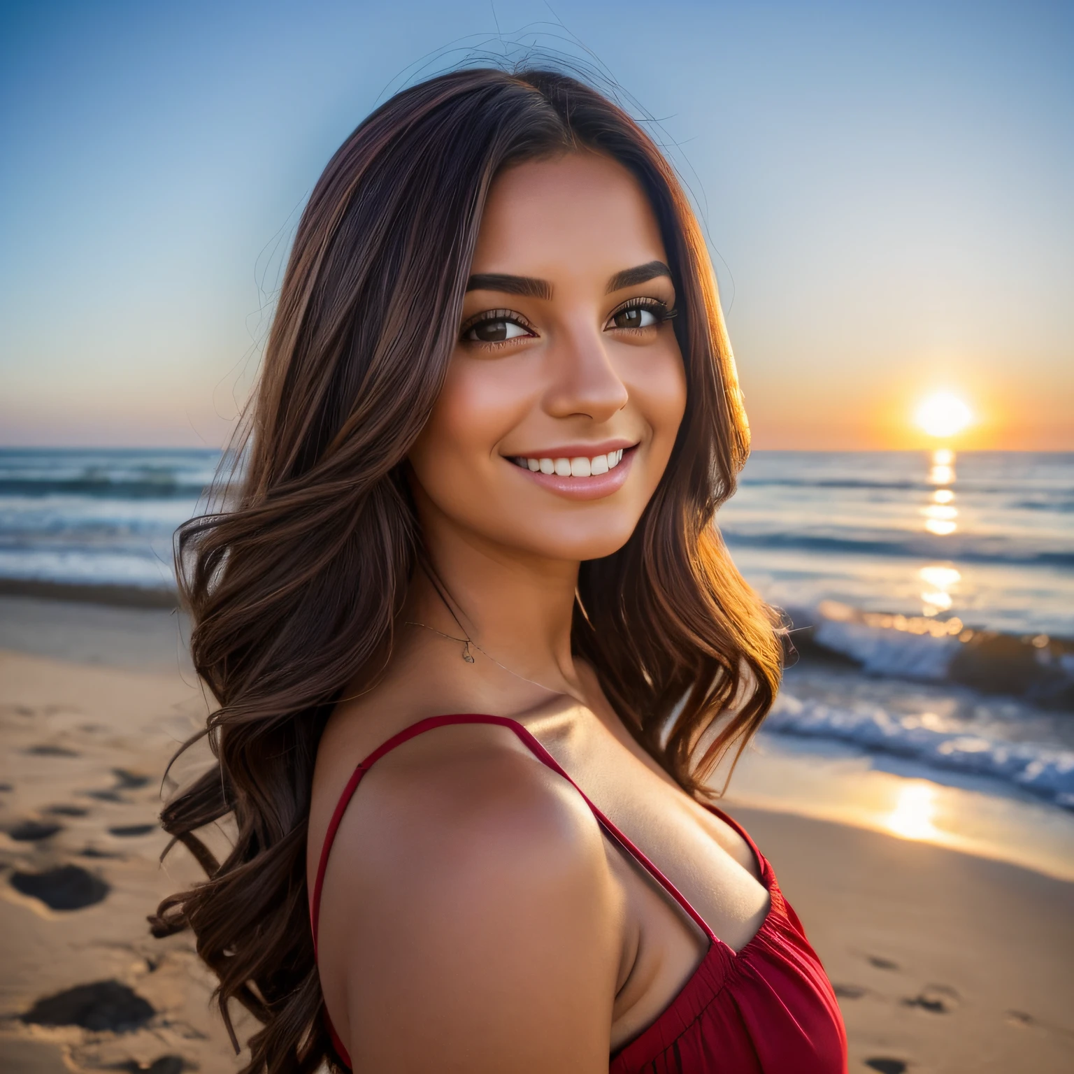 A picture of Moana, young and beautiful, hyper realistic, real portrait, backlit, exquisite features, cleavage, sunset