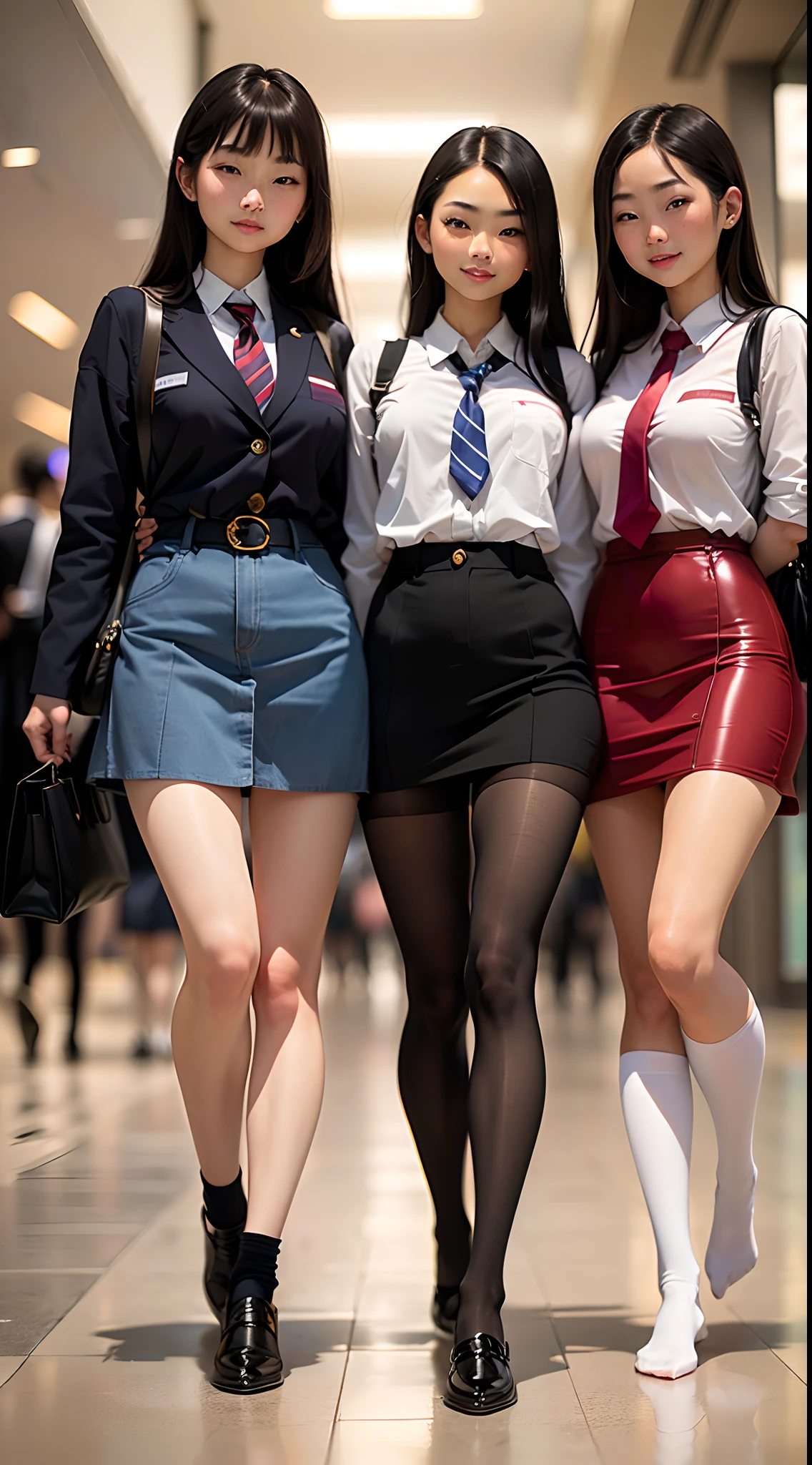 show entire body, feet in view, 3 gorgeous 18.y.o. asian females, wearing American school uniforms, pantyhose, no shoes, walking in mall, smiling,