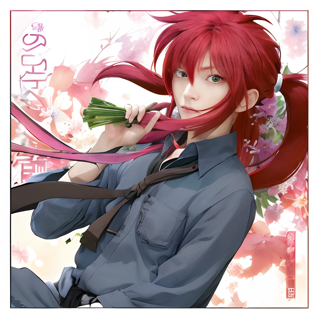 top-quality, 8K, ultra-detailliert, (male people), green colored eyes, Man with beautiful face, Bright red hair ponytail, (Black Y-shirt:1.2), The hem of the shirt is exposed., (Black tie:1.2), Big and beautiful eyes, Carrying a bouquet of flowers on your shoulders, A smile, kakyoin, close up of iwakura lain, from kenshin, Misato Katsuragi, portrait knights of zodiac girl, closeup Iwakura Lain, studio gainax art, Gainax Style, Rurouni Kenshin, gainax, rumiko, Xenogears
