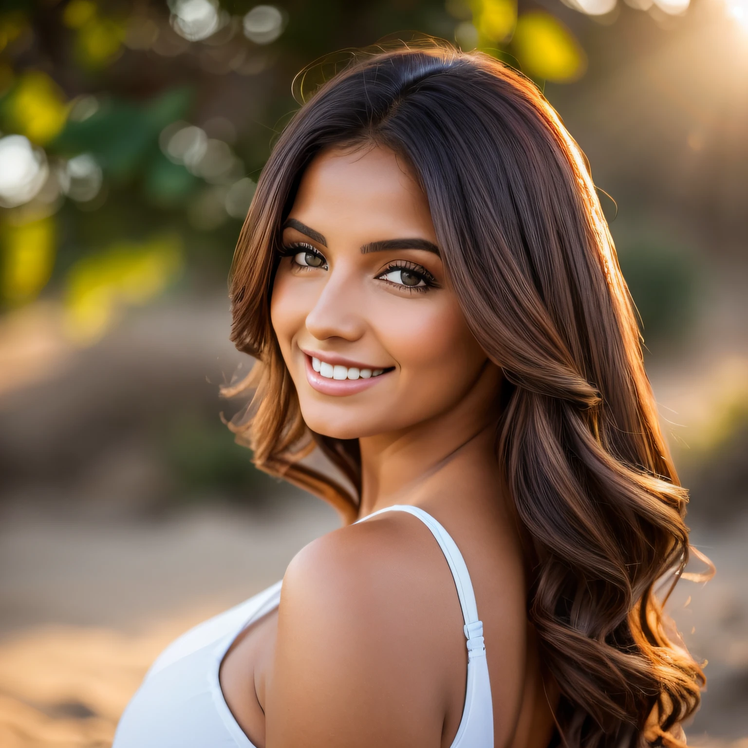 Imagem em 8k ou superior de uma linda Espanhola morena cabelos pretos cacheados de corpo inteiro fotografada por uma cannon 50mm.rosto angelical,sorriso caliente com lindo batom vermelho.cinematiclight,vestido colado vermelho sexy,valorizando seus seios grandes.(Sol,ao fundo uma rual de Sevilha hiperdetalhada)