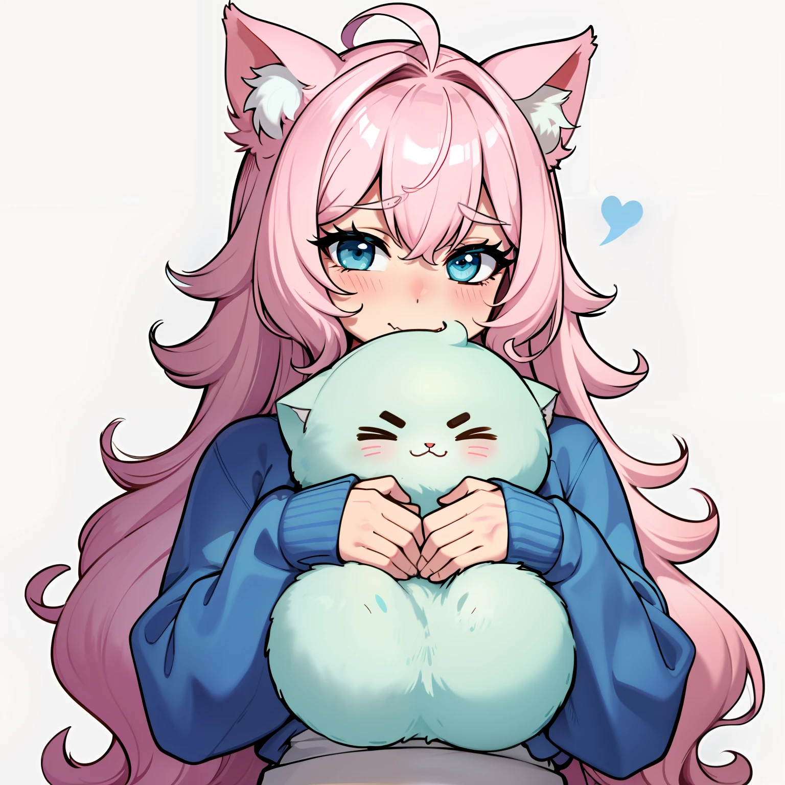 (best quality,4k,highres), cute, soft, adult neko with puffy brown hair and cat fangs, wearing a loose fuzzy blue sweater. The neko has a blushy look on her face, giving her an adorable appearance. The softness of her hair and the fuzzy texture of the sweater create a cozy atmosphere. The neko's eyes are large and expressive, with a playful glimmer. She has long, fluffy ears on top of her head, adding to her charming neko features. The background is a pastel-colored gradient, with shades of pink and blue, enhancing the cute and soft aesthetic. The lighting is warm and gentle, casting a soft glow on the neko's face and hair. The overall artwork is in a digital illustration style, with delicate linework and vibrant colors, highlighting the neko's cuteness.