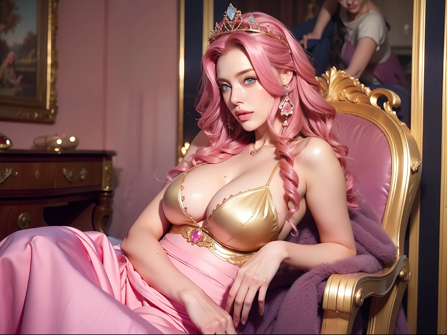 a woman, long curly hair, pink hair, blue eyes, princess, Eleven, crown on her head, sexy, low-cut clothes, authorized, sitting on the chair, golden crown, big breasts