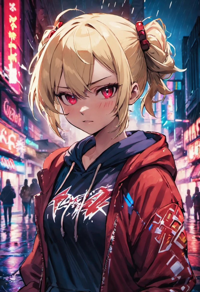 、close up photo, Confident young cyberpunk woman with blonde and white hair in a bun, Wearing a hoodie with red and blue design, In the rainy city at night, realistic, cinematic lighting、(torn clothes:1.6)、huge breasts、nipple、