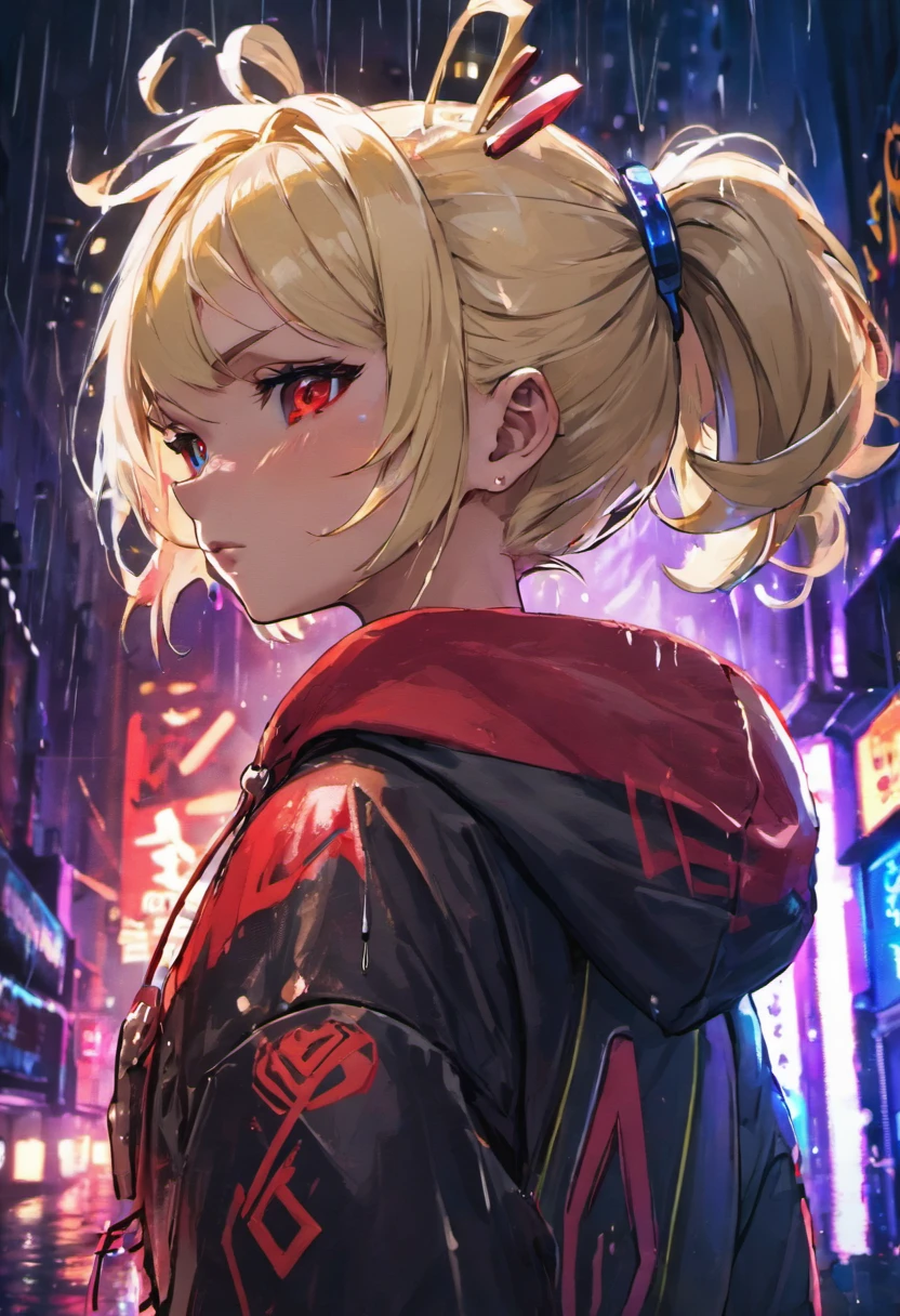 closeup photograph, kagamine rin , Self-confident young cyberpunk with blonde and white hair in a bun, wear a hoodie with red and blue designs, en una calle empapada por la lluvia por la noche, fotorrealista, cinematic lighting