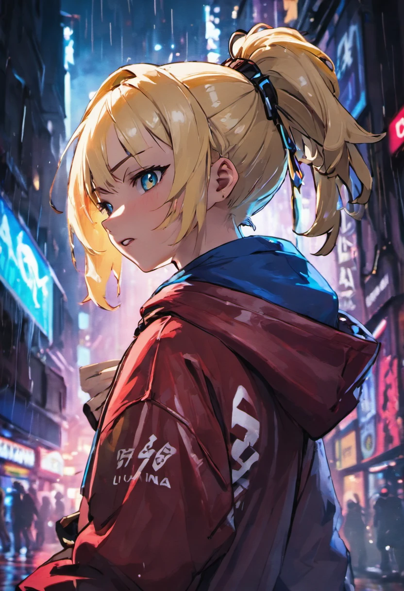 closeup photograph, kagamine rin , Self-confident young cyberpunk with blonde and white hair in a bun, wear a hoodie with red and blue designs, en una calle empapada por la lluvia por la noche, fotorrealista, cinematic lighting