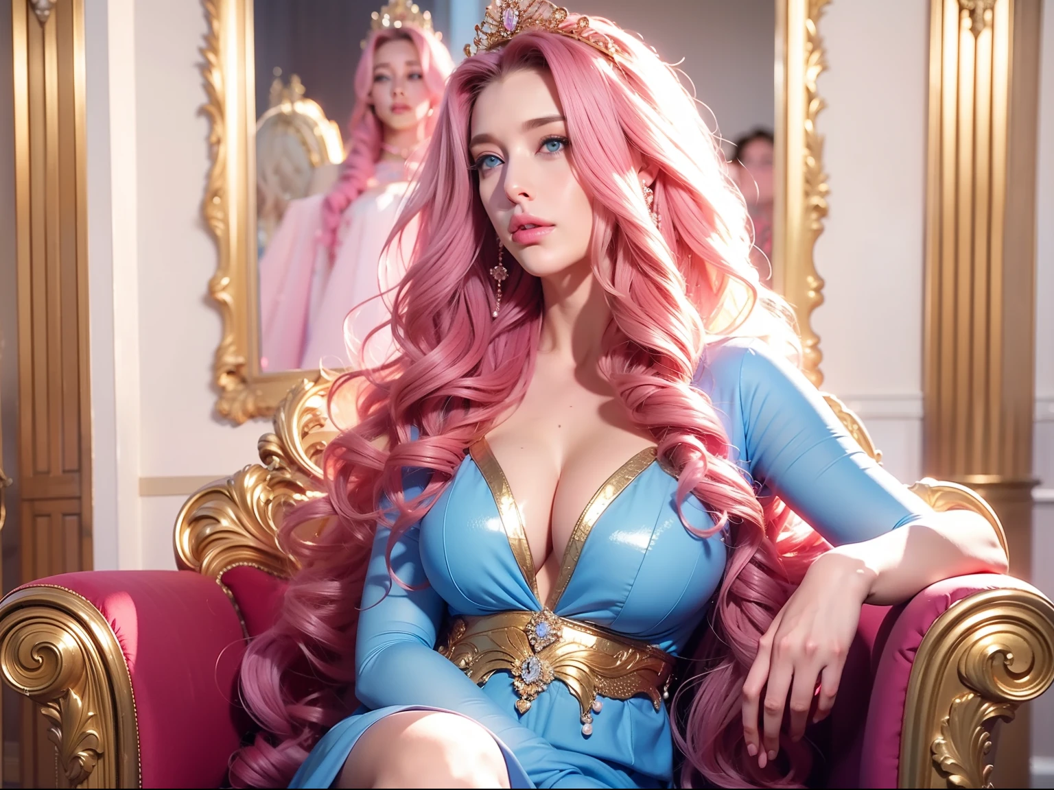 a woman, long curly hair, pink hair, blue eyes, princess, Eleven, crown on her head, sexy, low-cut clothes, authorized, sitting on the chair, golden crown, big breasts