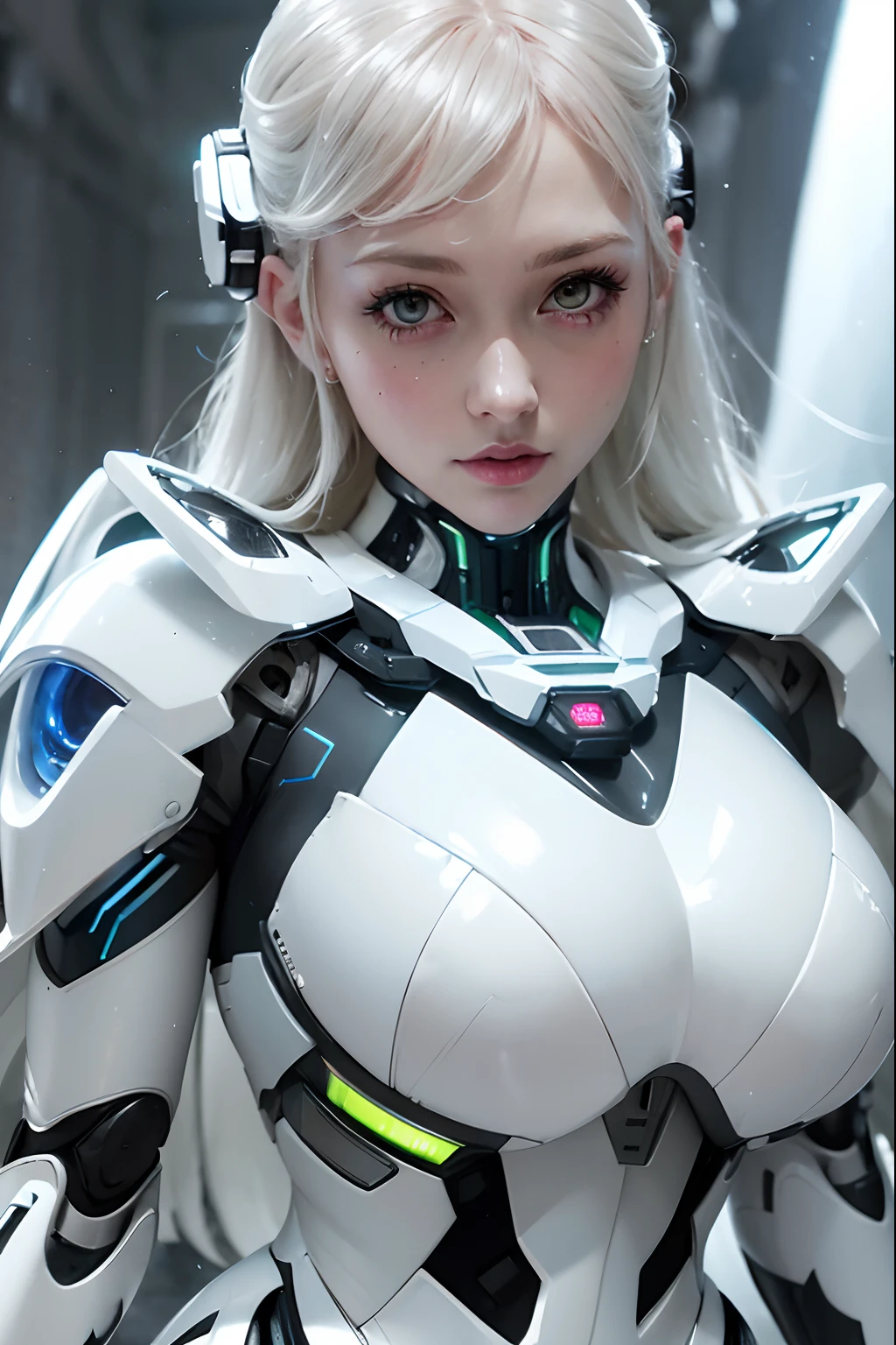 (masterpiece), best quality, hyperrealistic masterpiece, superheroine girl (((white mech sci-fi aesthetic style in extremely detailed tech tight plugsuit, frostpunk style))) ((with high scarf & white cape)), cinematic illumination: 8k, (((short redhead hair))), detailed perfect skin, intricate perfect beauty face, detailed sharp eyes, detailed eyes and pupils, (((from face to the waist))), (((beauty slim shape))), 4k, UHD