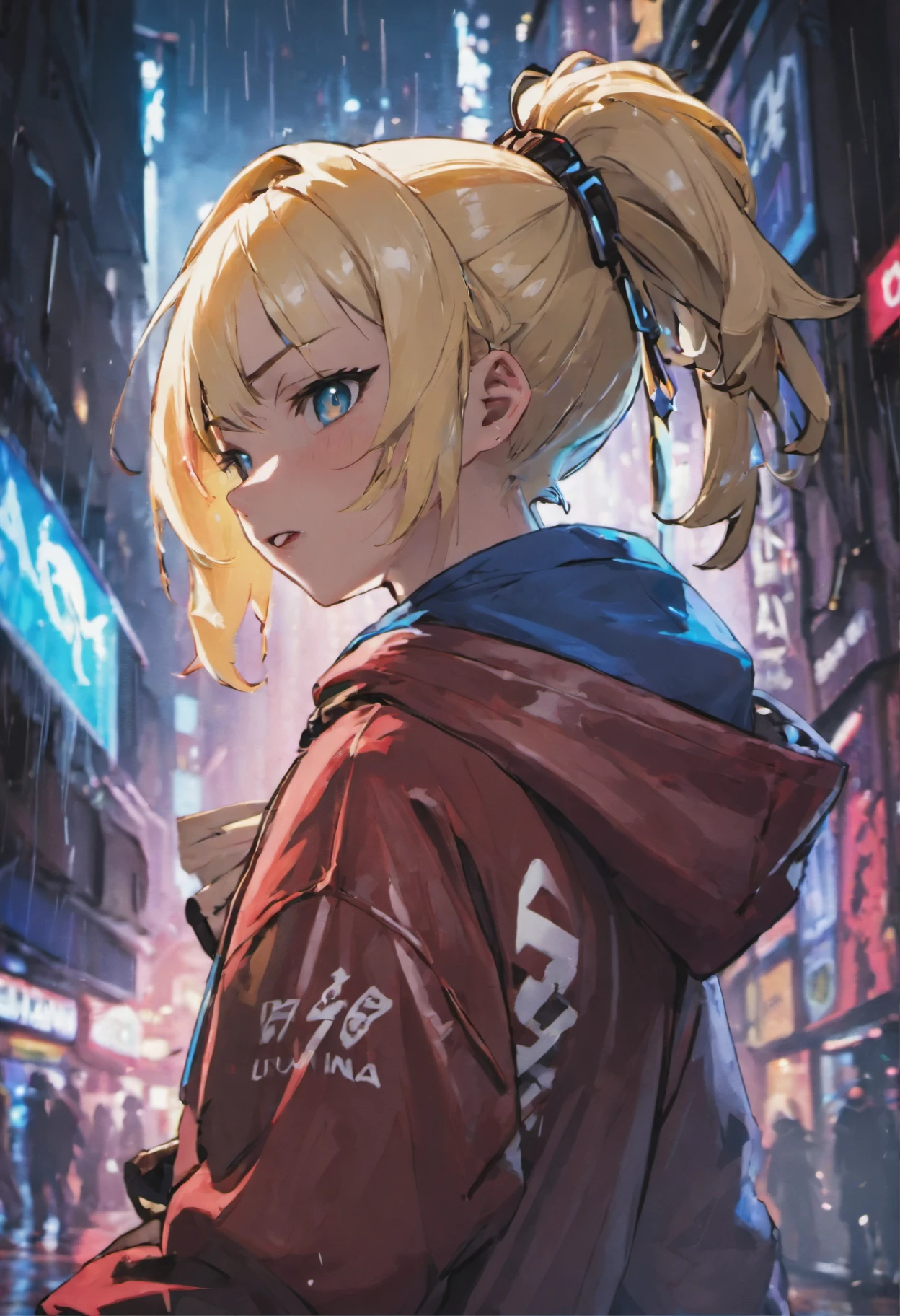 closeup photograph, kagamine rin , Self-confident young cyberpunk with blonde and white hair in a bun, wear a hoodie with red and blue designs, en una calle empapada por la lluvia por la noche, fotorrealista, cinematic lighting