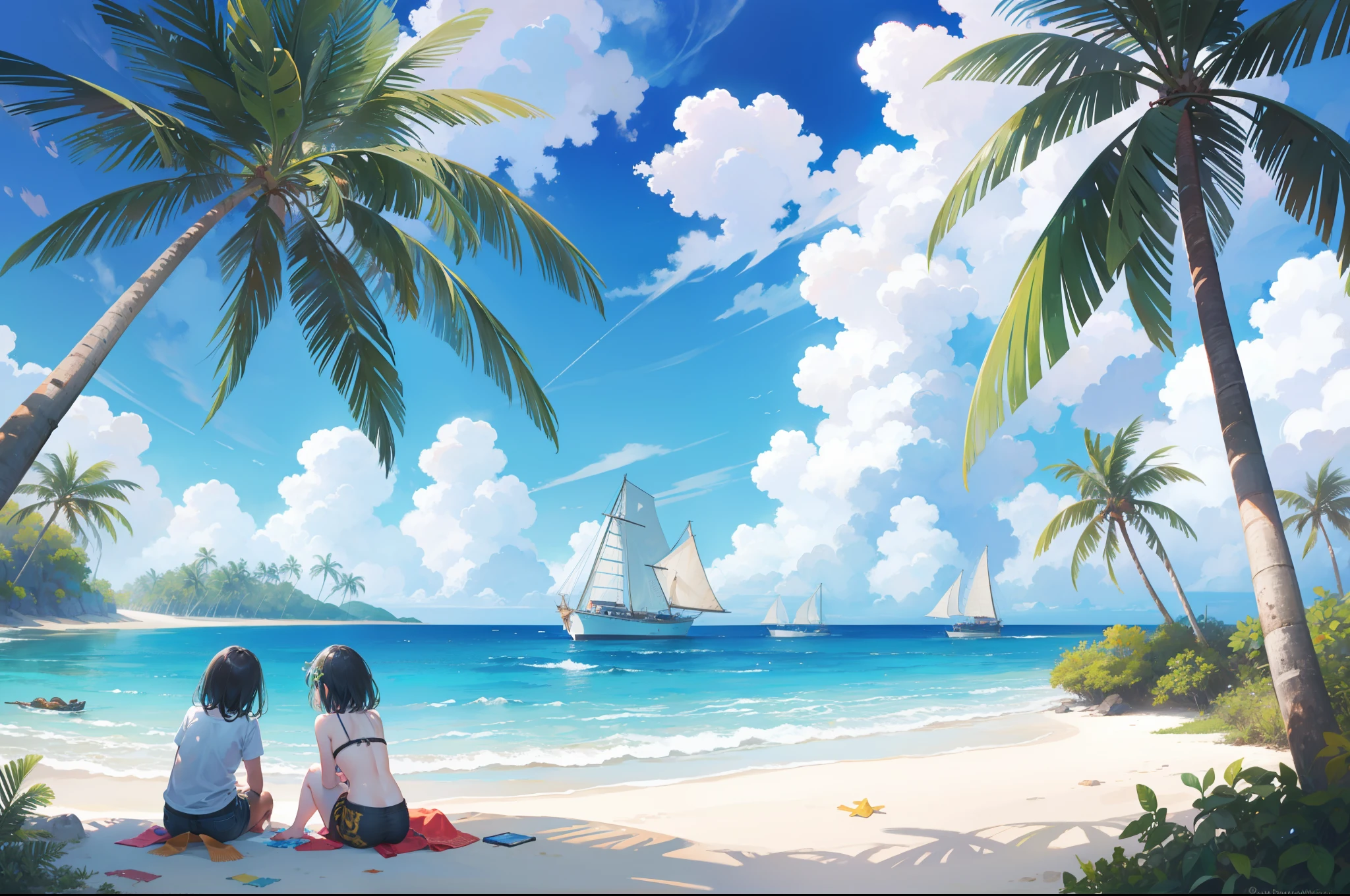 View of a paradisiac isolated Caribbean island, with palm trees an vegetation, clear sand, a couple of S with torn clothes, disheveled, sitting on a log near the water, fishing. Happy palette of colours. Sunny day.