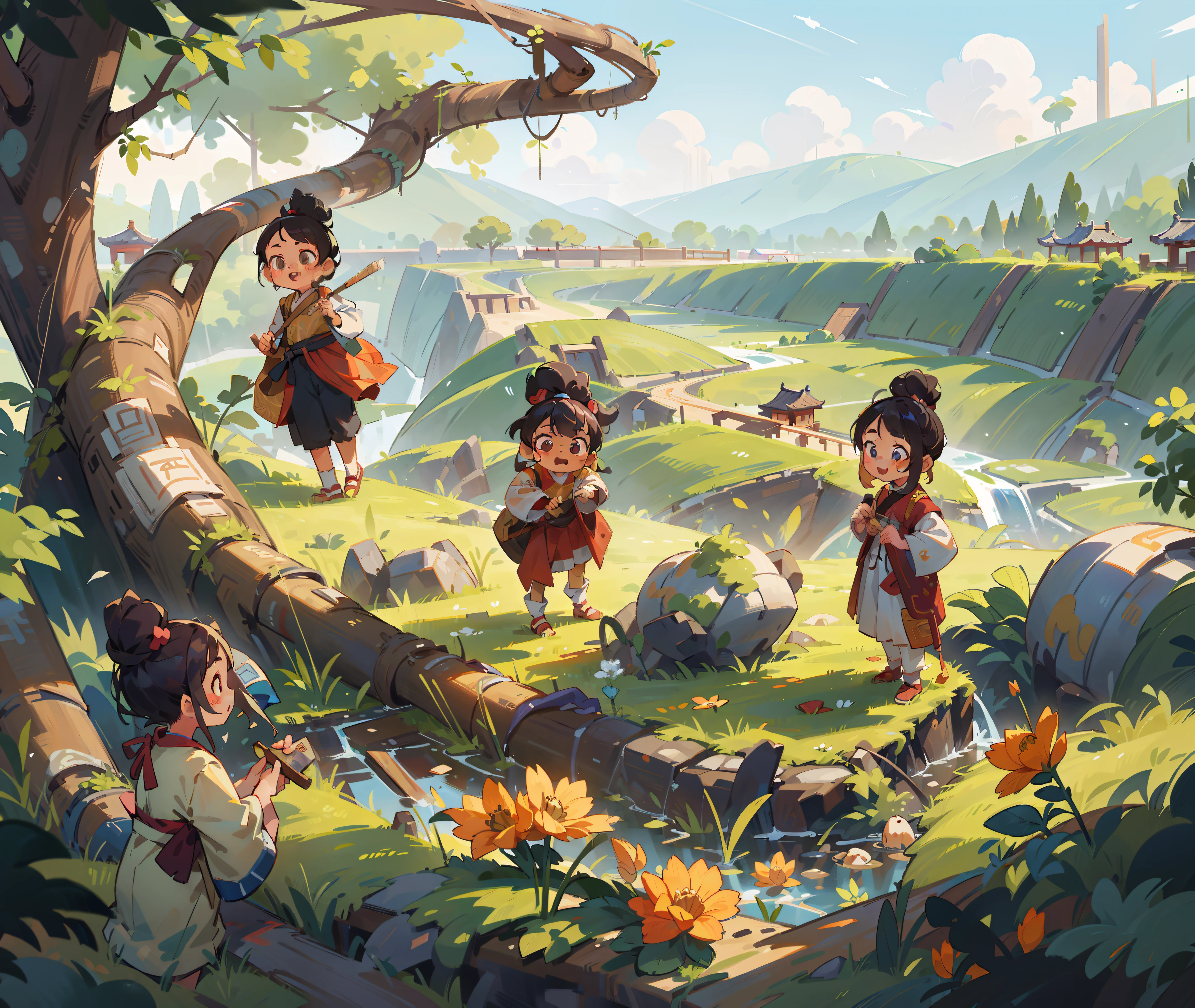 A girl in ancient Chinese style, joyful, in a Chinese landscape near a river, standing on a grassy field. The artwork is of the highest quality, with clear focus and sharp details. It's a masterpiece (1.2) that is incredibly realistic (1.2) with a blurred background (bokeh effect) and the best quality. The girl's skin is described in intricate detail (1.3), with complex and realistic features. The image is in 8K resolution, capturing every tiny detail, especially in the girl's eyes. The overall painting is sharply focused, and the girl has a happy expression on her face.