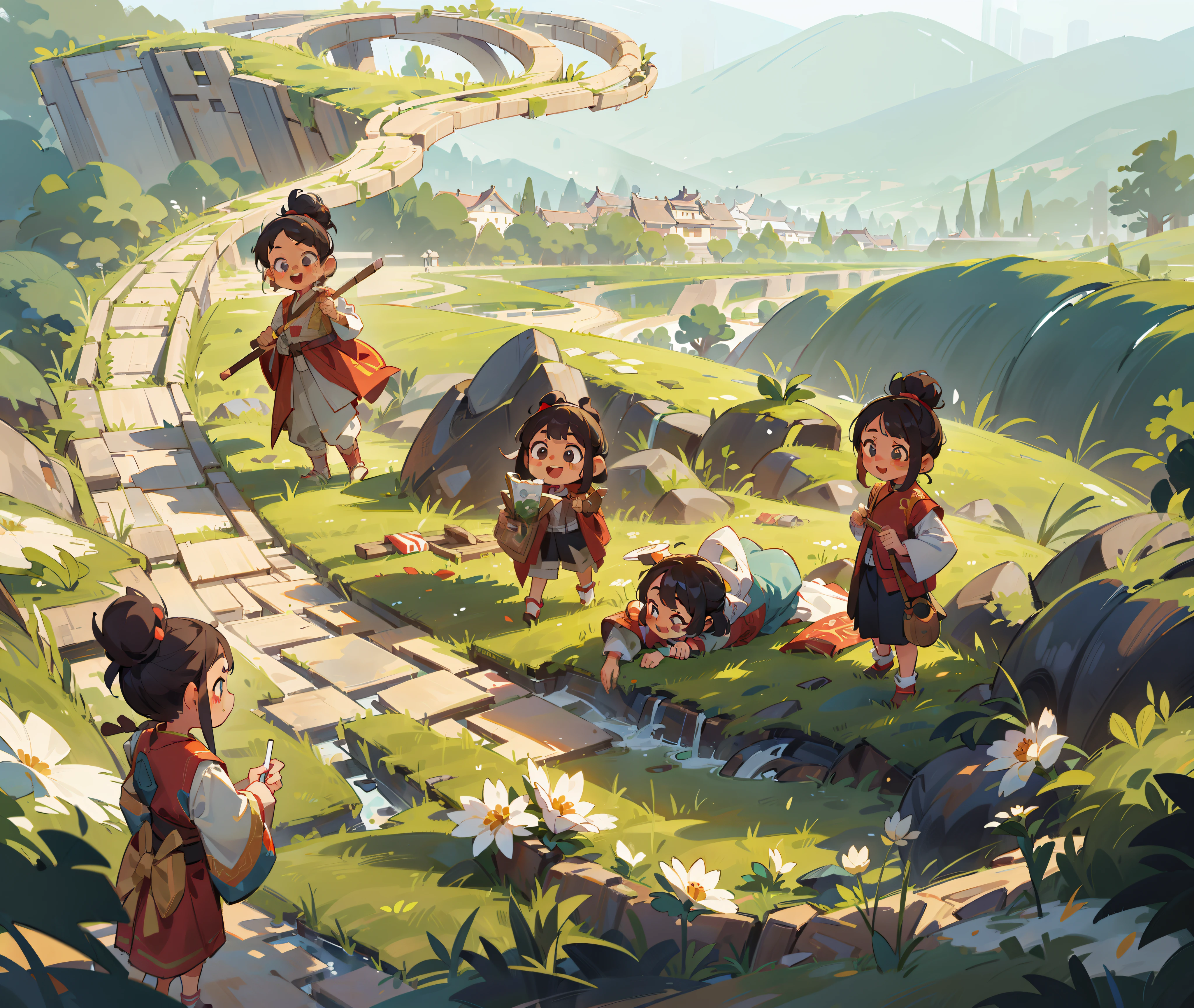 A girl in ancient Chinese style, joyful, in a Chinese landscape near a river, standing on a grassy field. The artwork is of the highest quality, with clear focus and sharp details. It's a masterpiece (1.2) that is incredibly realistic (1.2) with a blurred background (bokeh effect) and the best quality. The girl's skin is described in intricate detail (1.3), with complex and realistic features. The image is in 8K resolution, capturing every tiny detail, especially in the girl's eyes. The overall painting is sharply focused, and the girl has a happy expression on her face.