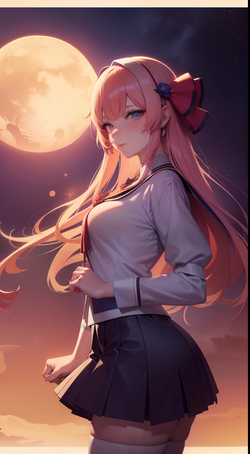 best quality Red hair anime face God cute clear clothing idol night moon