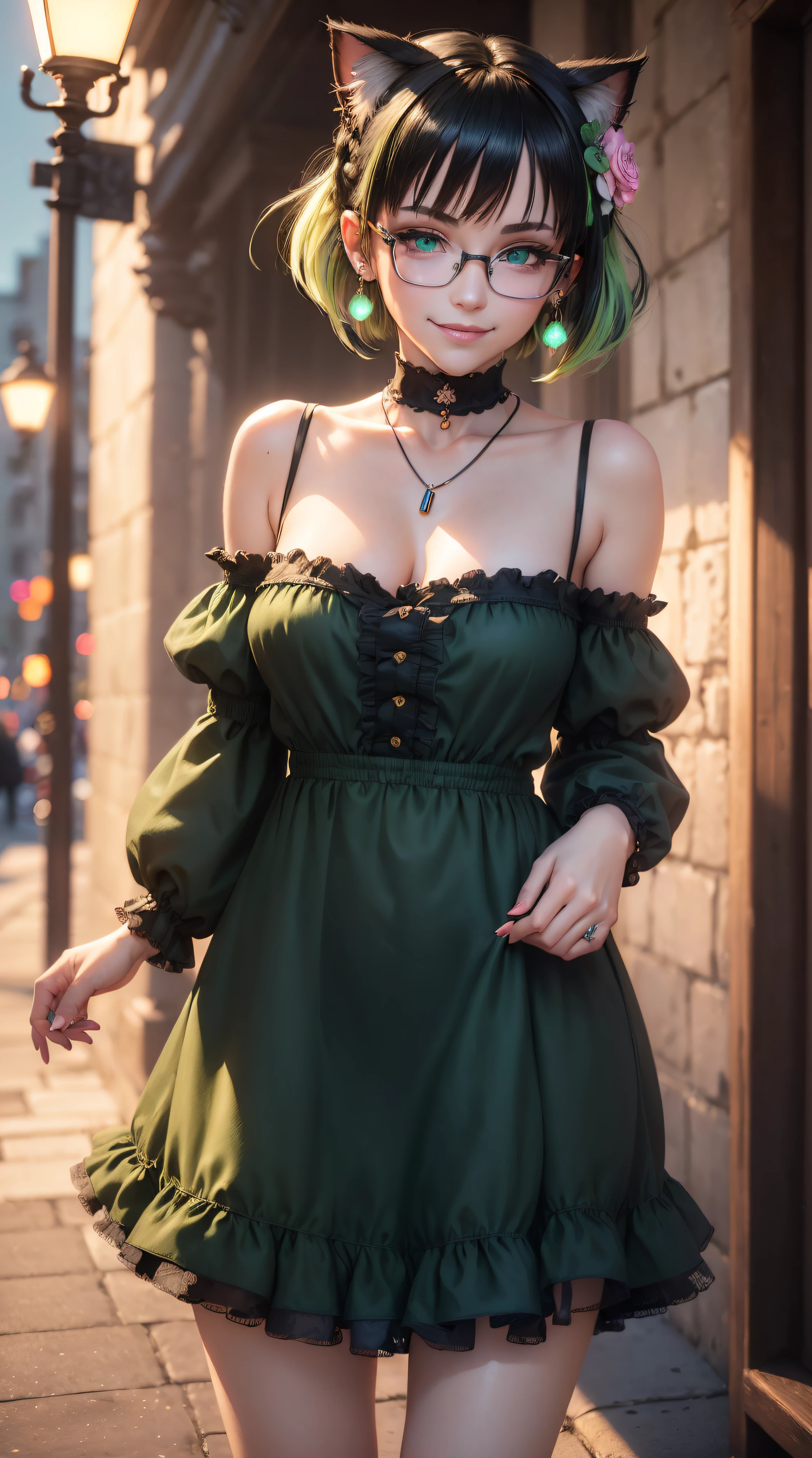 BLACKLIGHT, ((NSFW)), realistic art, extremely delicate and beautiful, ultra-detailed, (1girl), blue eyes, floating, detailed light, illustration, dynamic angle, depth of field, ((((milf)))), girly, long hair, ((green and black hair, multicoloured hair, green highlights hair, twin tails, hair ornament, hair flower, flower, makeup, braid, smile)), vampire eyes, showing fangs, pale white skin, (((best quality, 1girl, (skindentation), (blur background:0.6), City background, (casual yet stylish, elegant cloth, glasses, Cat ears, Cat tail, Cat eyes, wearing pink off shoulder puffy sleeves dress and knee length white boots), gorgeous, (short hair:1.5), soft lighting, wind, (front light:1.5), surprised, choker, smile, jewelry, earrings))), (ultra high res, best quality,), (8k, raw photo, best quality, masterpiece), technological sense, best quality, masterpiece, illustration,CG ,unity ,wallpaper, official art, Amazing, finely detail, an extremely delicate and beautiful,extremely detailed, highly detailed, sharp focus,rich background, (real person,photograph), ((high detailed skin)),