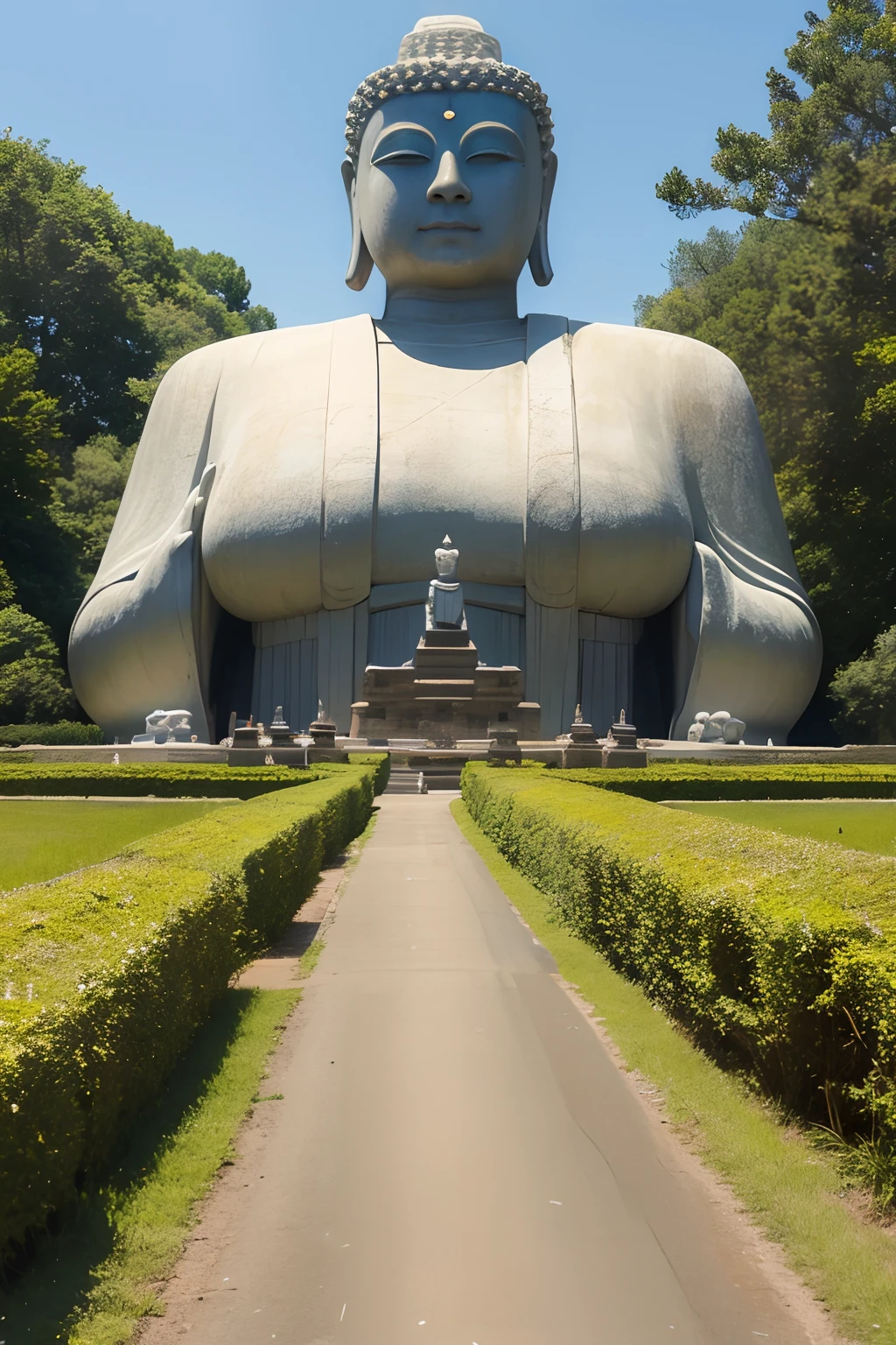 A giant tall Buddha statue in the distance,Pilgrims on the road