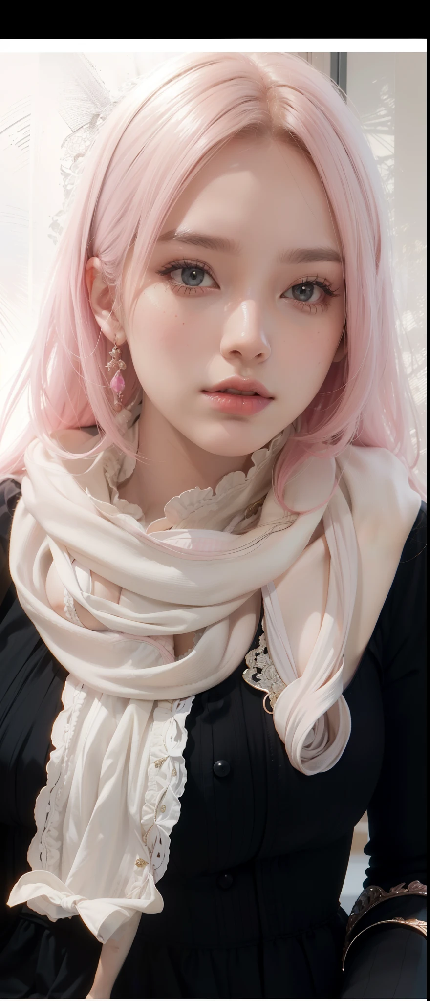 Masterpiece, beautiful detail, Highres, unity 8k wallpaper, ultra detailed, aesthetic, masterpiece, best quality, photorealistic, loose pink dress with patterns, cleavages, huge breasts, 1girl, bed, close up on her face and chest