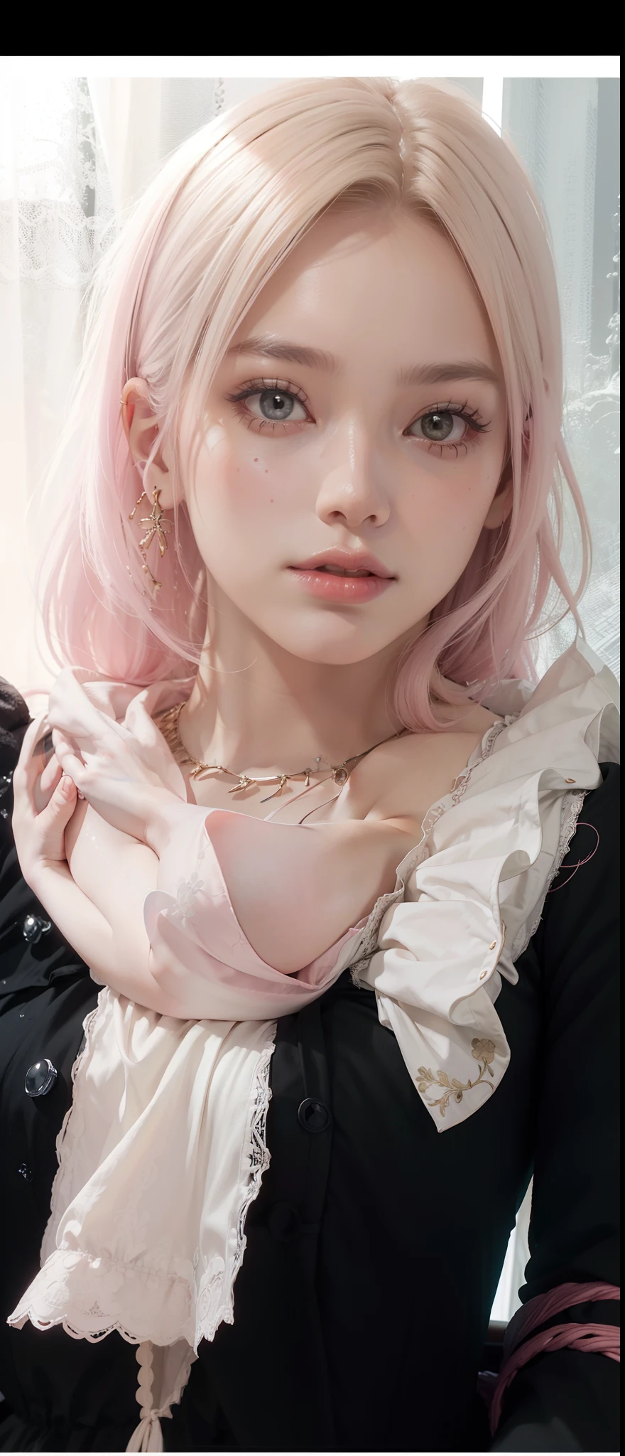 a girl, white skin, young, long pink hair, messy hair, thin arms, small mouth, small nose, small breasts, pink skirt, transparent lace crop top, heart-shaped necklace, small blue eyes, blush, smile embarrassed, realistic view, shy, sitting in a room on the bed, good lighting, European origin, lots of details on face and clothes