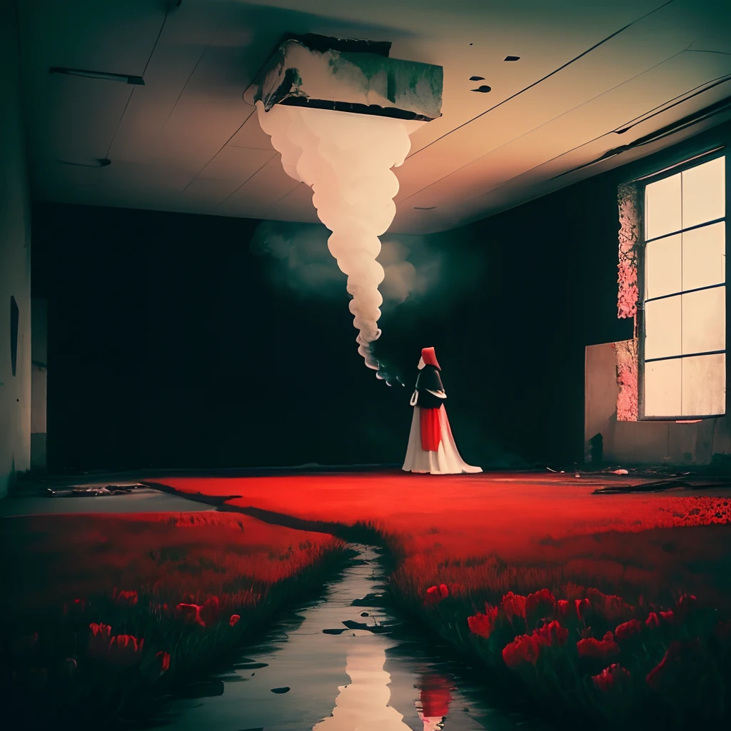 floor of abandoned warehouse watered in red, a woman in a black cape next to a black goat, dark black background, fog, wall full of red flowers and plants, ceiling coming out of smoke, bauhaus photography, red floating structures, monochrome serenity, ruins romantic air 4:5 50 - raw style --s 2