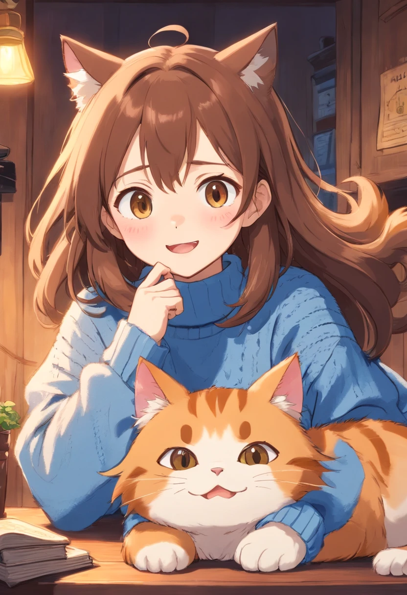 Soft, cute adult neko with puffy brown hair wearing a loose fuzzy blue sweater, adorable, has cat fangs and a blushy look on her face, OwO