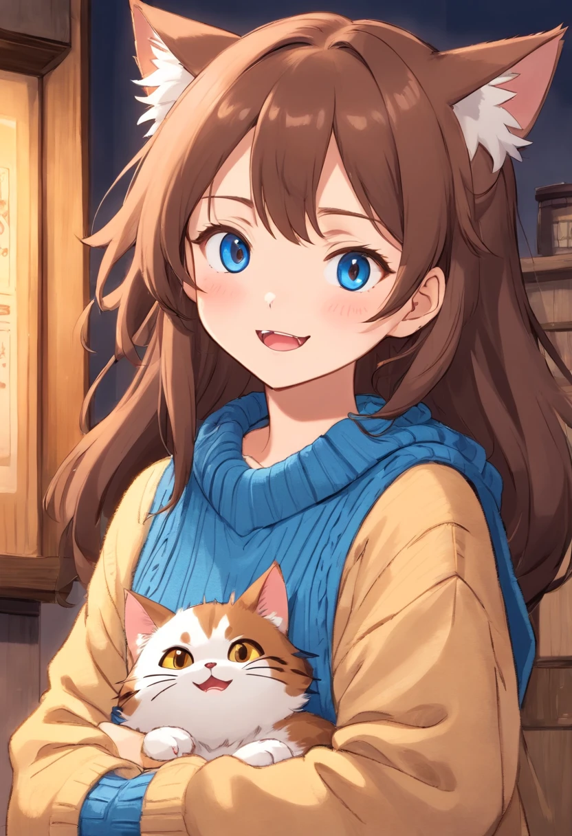 Soft, cute adult neko with puffy brown hair wearing a loose fuzzy blue sweater, adorable, has cat fangs and a blushy look on her face, OwO