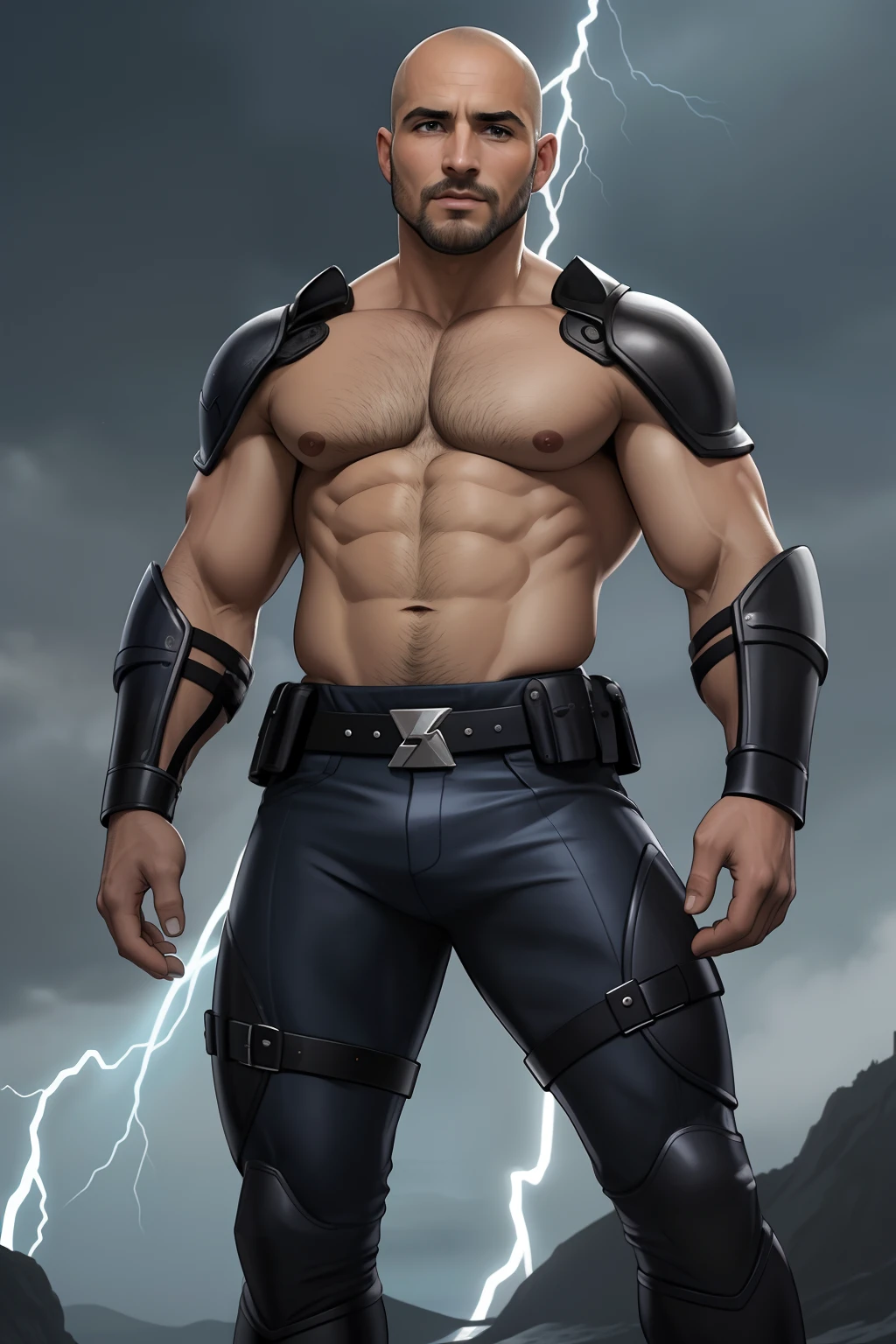 homem ,careca sem cabelo, de os olhos azul, tiro de corpo inteiro, olhos firmes, olhando para frente, lightning in the sky, arms extended, olhando para frente, parado no topo de uma montanha, manto e capa vermelhos, cruz brilhante no ar