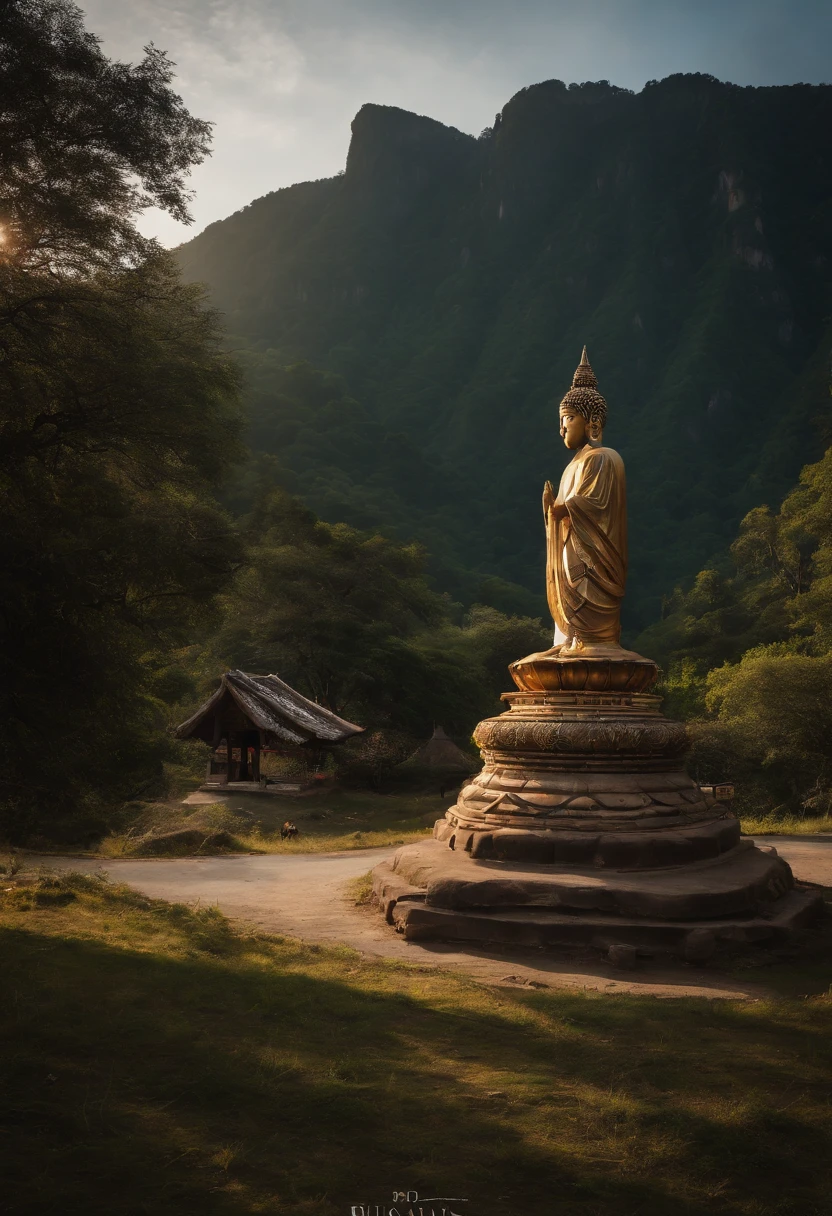 A tall seated Buddha statue in the distance, with sunlight shining on the mountain, towering trees, and pilgrims on the road. The composition is beautiful, with masterpieces, details, and high definition