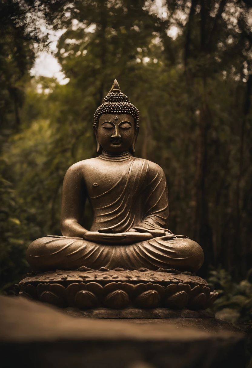 A tall seated Buddha statue in the distance, with sunlight shining on the mountain, towering trees, and pilgrims on the road. The composition is beautiful, with masterpieces, details, and high definition