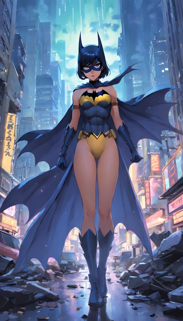 Batman em Gotham city , Scenario with destruction , cavaleiro das trevas , Standard scenario , olhar focado , melhor qualidade , best resolution , obra prima white background