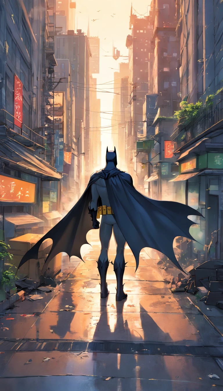 Batman em Gotham city , Scenario with destruction , cavaleiro das trevas , Standard scenario , olhar focado , melhor qualidade , best resolution , obra prima white background