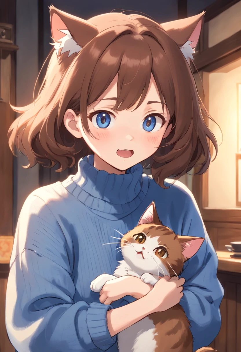 Soft, cute adult neko with puffy brown hair wearing a loose fuzzy blue sweater, adorable, has cat fangs and a blushy look on her face, OwO