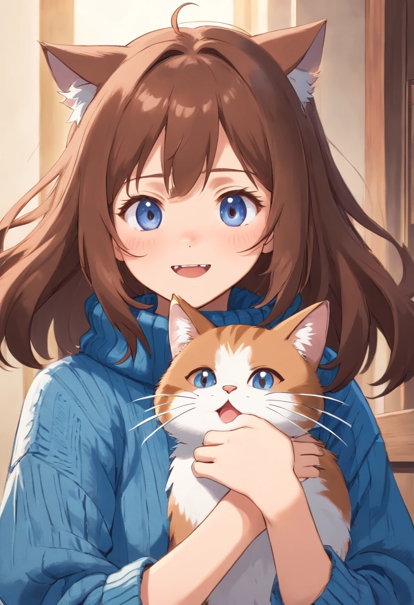Soft, cute adult neko with puffy brown hair wearing a loose fuzzy blue sweater, adorable, has cat fangs and a blushy look on her face, OwO
