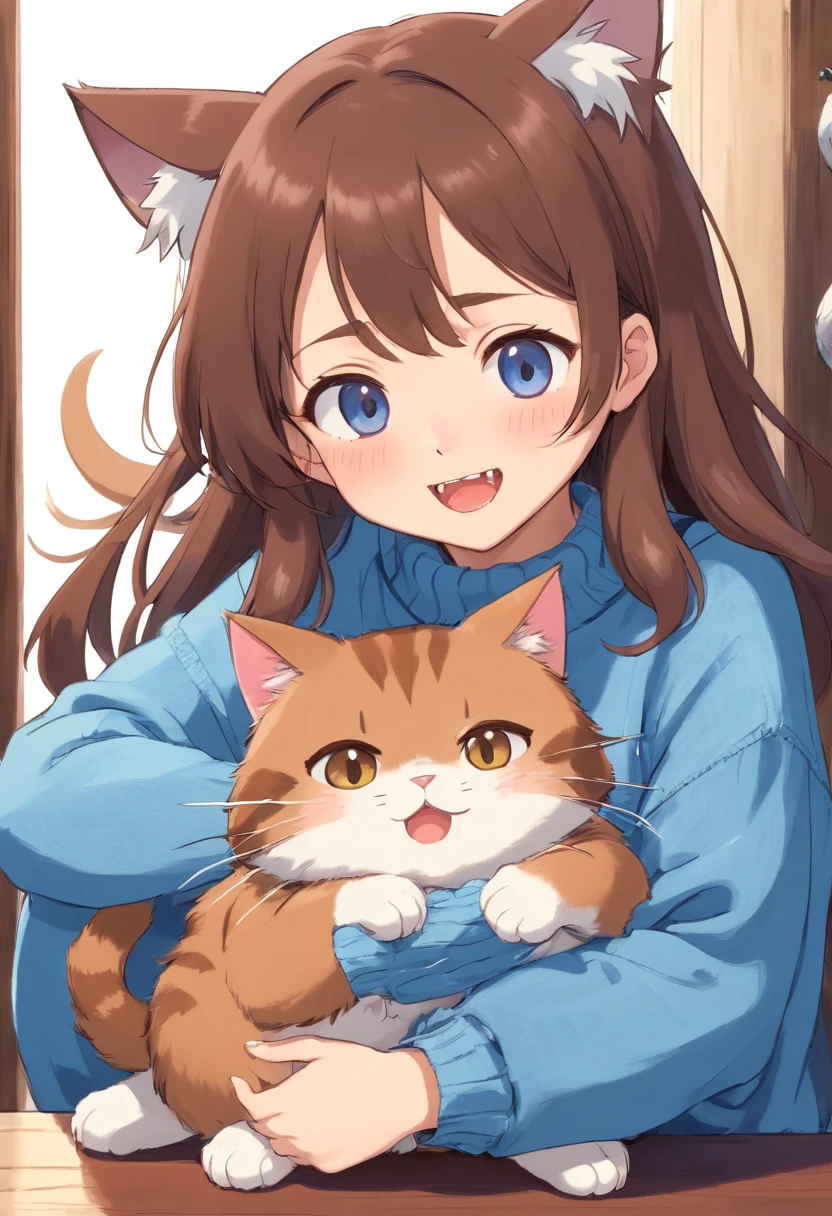 Soft, cute adult neko with puffy brown hair wearing a loose fuzzy blue sweater, adorable, has cat fangs and a blushy look on her face, OwO