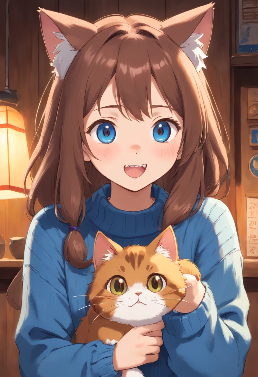 Soft, cute adult neko with puffy brown hair wearing a loose fuzzy blue sweater, adorable, has cat fangs and a blushy look on her face, OwO