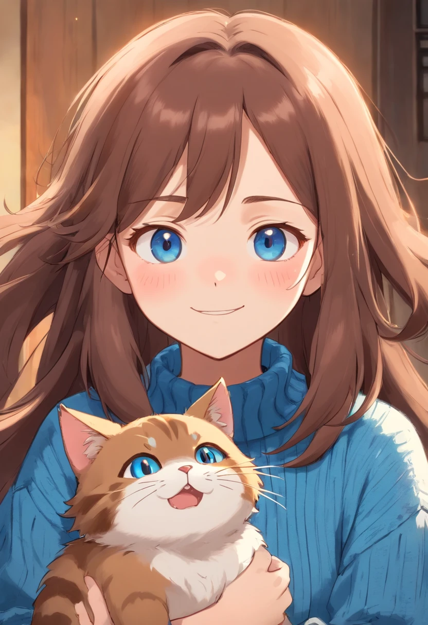 Soft, cute adult neko with puffy brown hair wearing a loose fuzzy blue sweater, adorable, has cat fangs and a blushy look on her face, OwO
