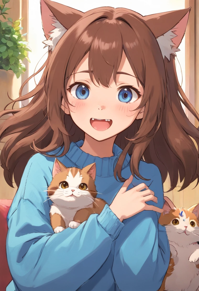 Soft, cute adult neko with puffy brown hair wearing a loose fuzzy blue sweater, adorable, has cat fangs and a blushy look on her face, OwO