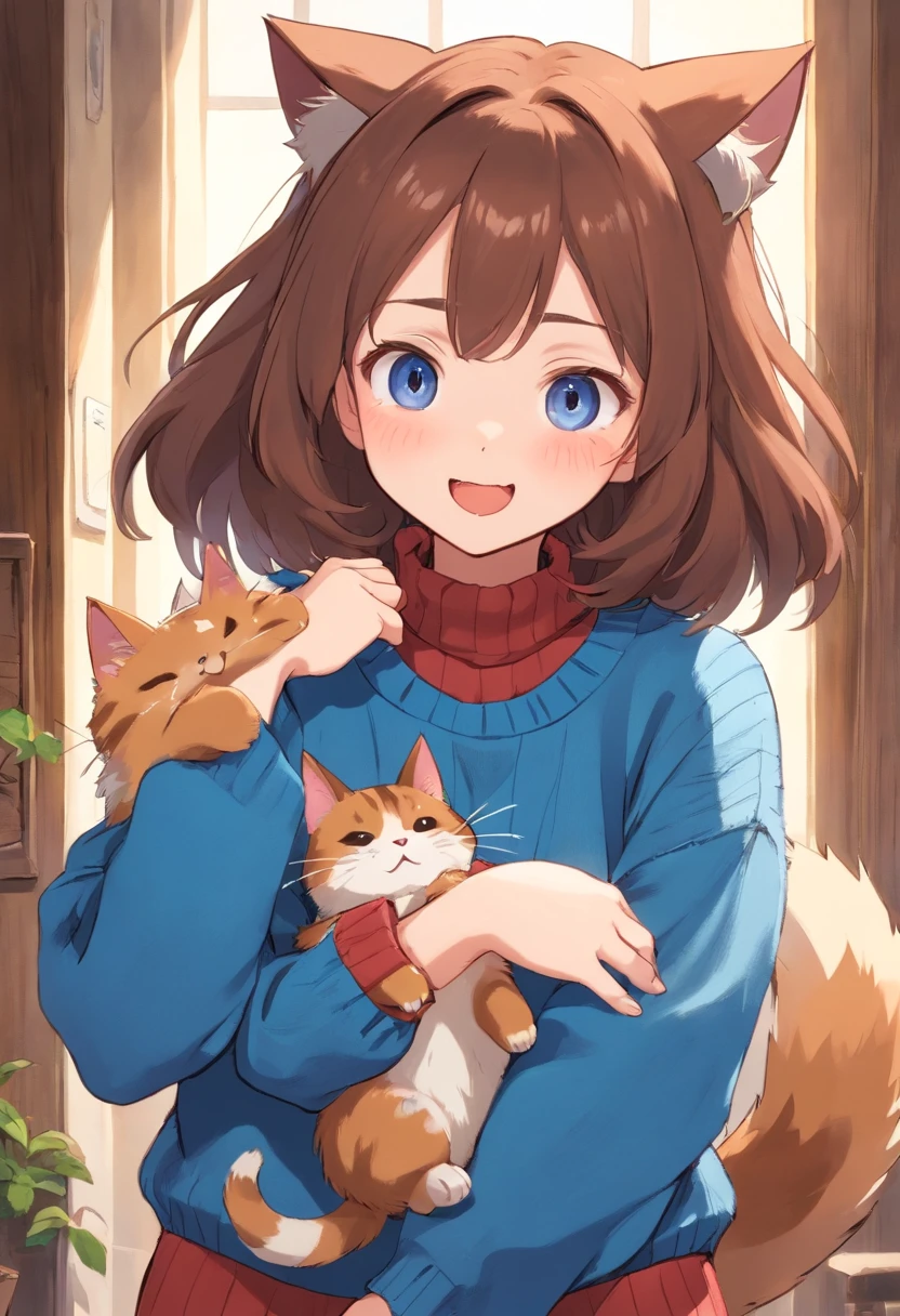 Soft, cute adult neko with puffy brown hair wearing a loose fuzzy blue sweater, adorable, has cat fangs and a blushy look on her face, OwO