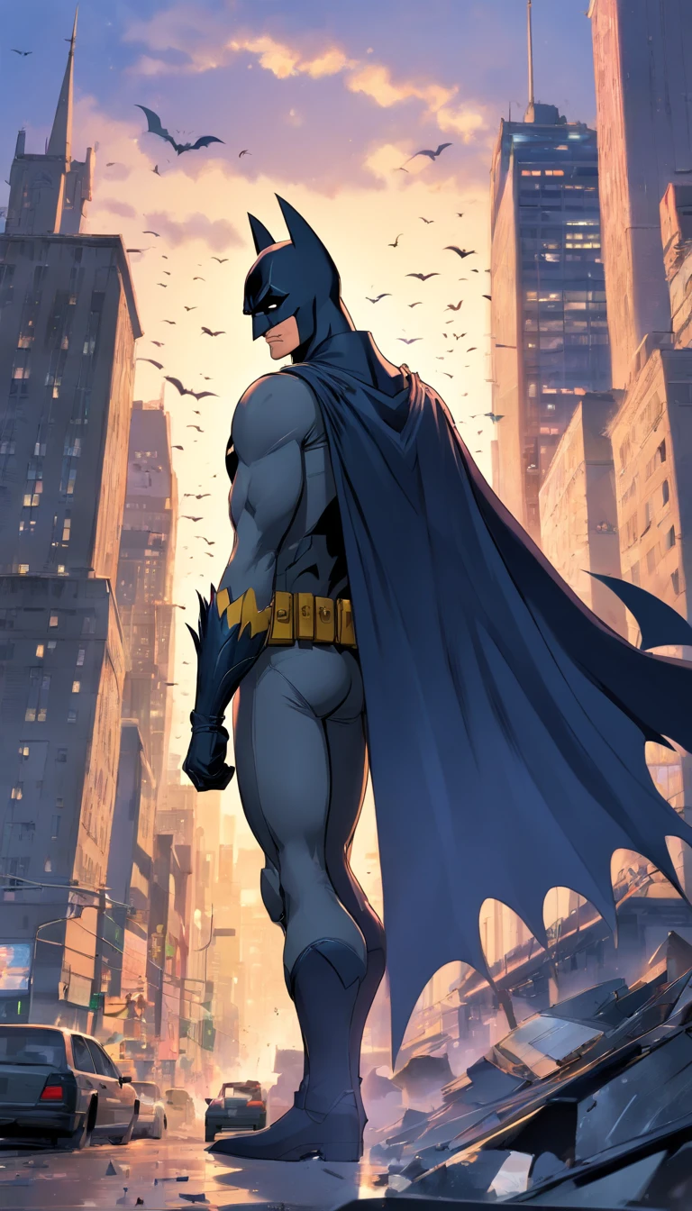 Batman em Gotham city , Scenario with destruction , cavaleiro das trevas , Standard scenario , olhar focado , melhor qualidade , best resolution , obra prima white background