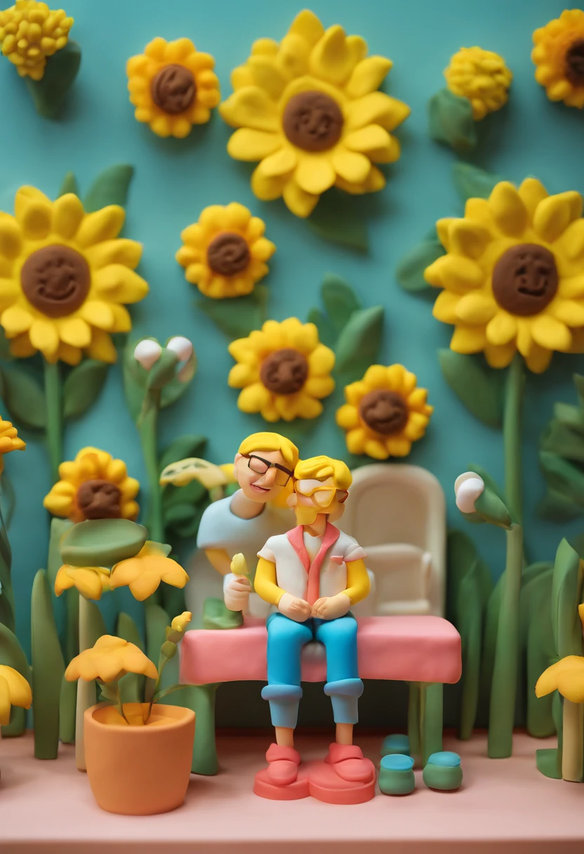 dentist, Gloria Studio, The garden is full of sunflowers, Clay material, Cartoonish design style, POP MART, Soft lighting, smooth lines, Tilt-shift lens,