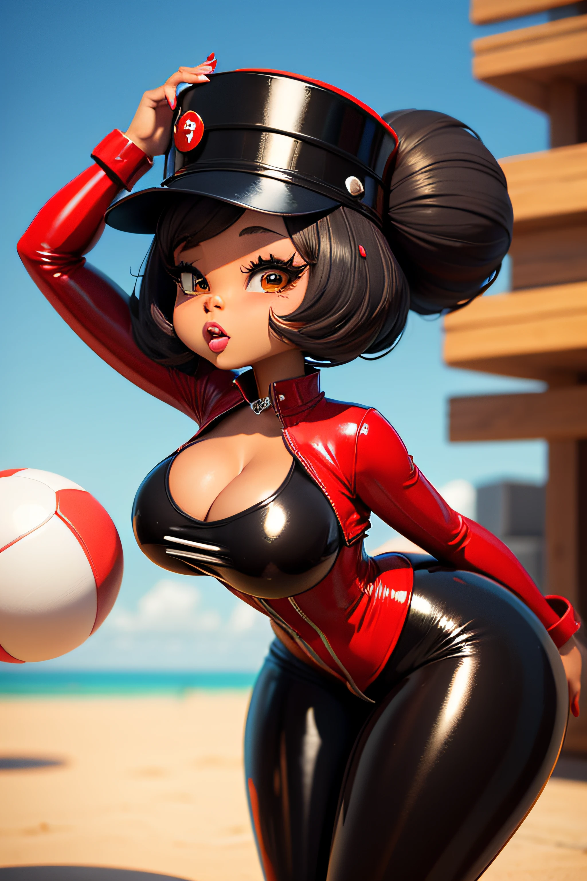 cartoon pin up tiny chibi style Black woman with Huge tits red latex catsuit and base ball hat