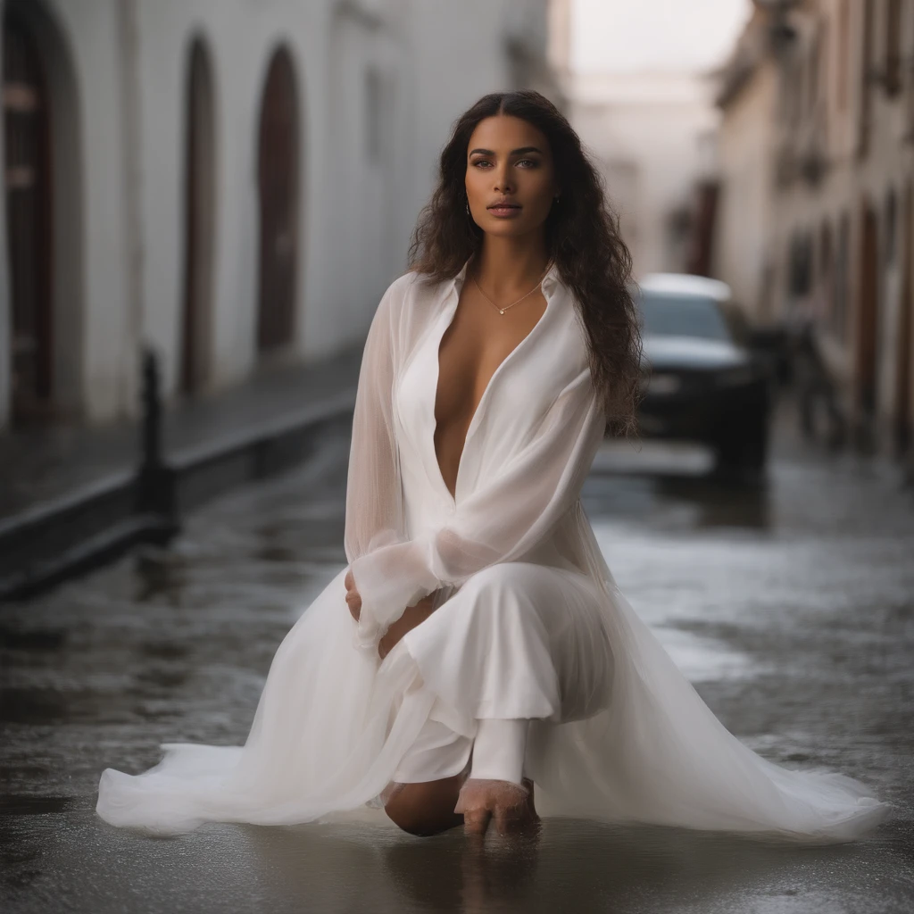 woman in white shirt and black thigh high boots standing on wet street, wet shirt, wearing translucent sheet, clothed in white shirt, open shirt, wearing a wet white short dress, wearing in shirt, fine white shirt, wearing a light shirt, see - through, white silky outfit, wearing a white button up shirt, translucent silky dress, mesh shirt, translucent body