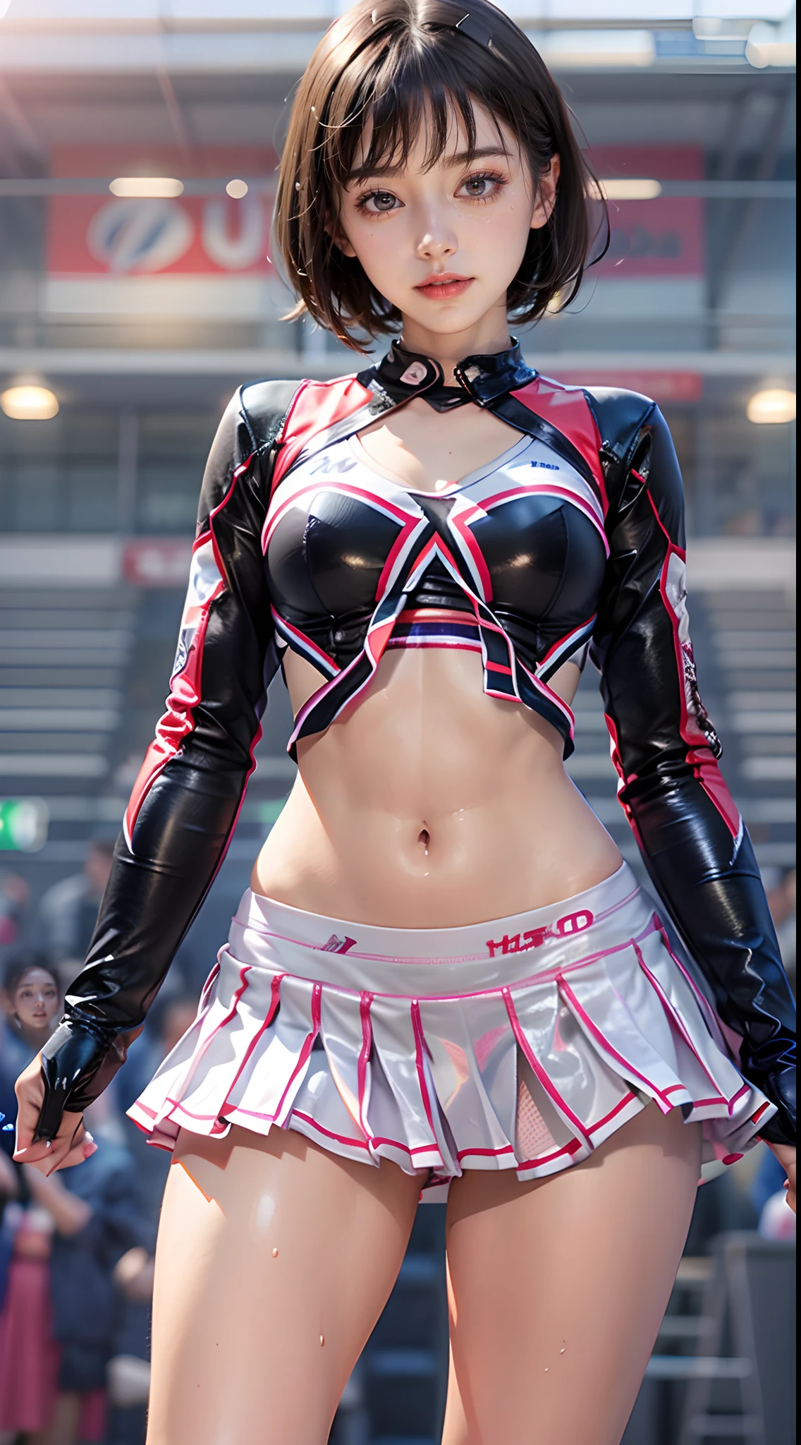 (The FW), 1womanl, Solo, 24 year old, (cute face), (Ideal ratio body proportions), ((cheerleaders)), a miniskirt, skirt rift, up skirt, panties focus, The costume is sheer, A smile, Wet, short-hair, Dark hair, small tits, A slender, Small buttocks, Skinny Legs, surrealism, Cinematic lighting, depth of fields, One-person viewpoint, F/1.8, 135 mm, nffsw, masutepiece, ccurate, Anatomically correct, Textured skin, Super Detail, high details, High quality, awardwinning, Best Quality, hight resolution, 8K