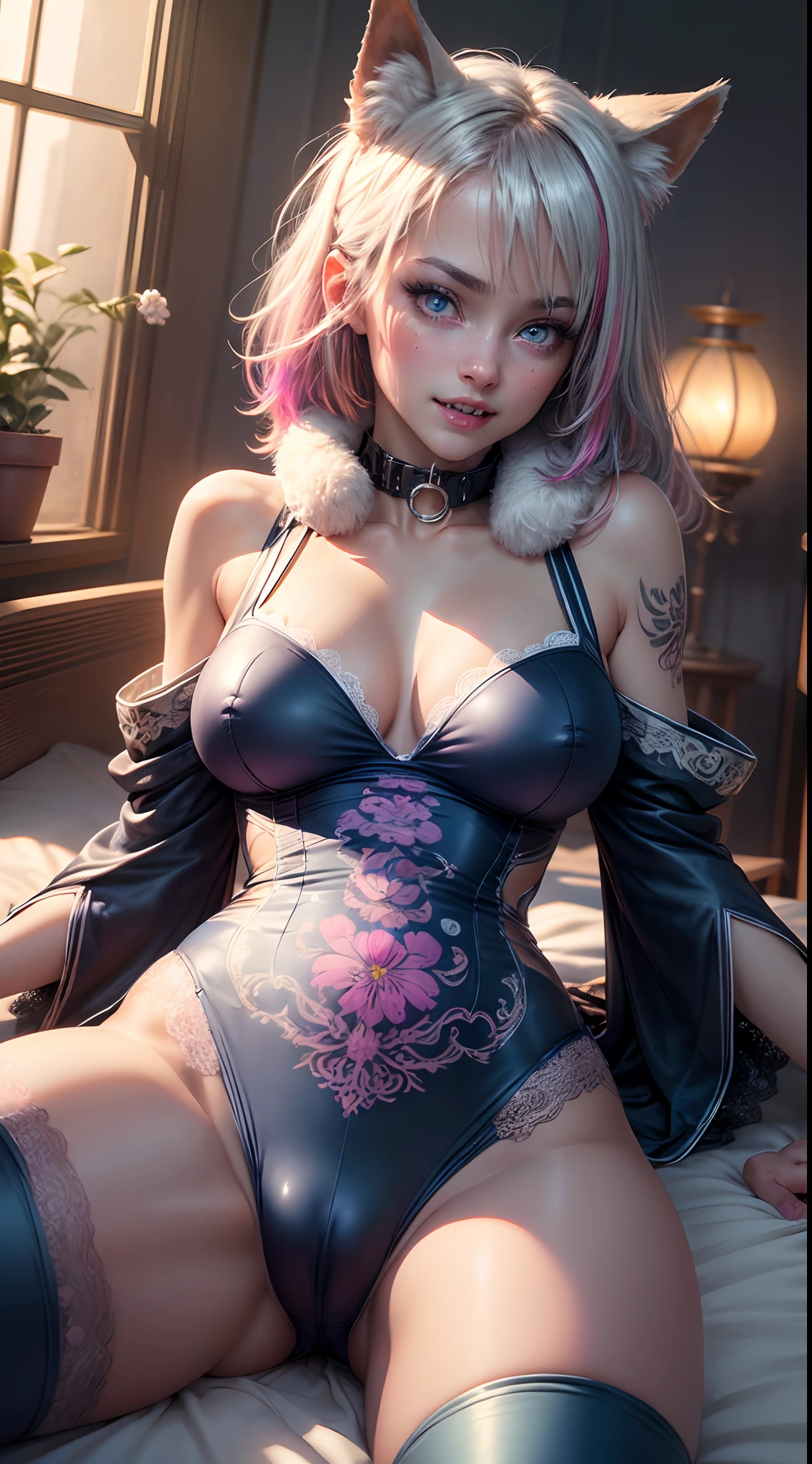 spiritual blue fire fluffy fox girl, (fluffy fox ears, fluffy fox tail), (spirit, spiritual:1.4), (blue fire:1.5), 1girl, perfect and well designed glowing shiny eyes, (beautiful detailed eyes:1.05), (big breats:1.45), slim body, beautiful and delicate cute face, (face detail), ((realistic face)), pores, ((pale grey skin)), detailed skin, realistic skin, (((bioluminescence))), ((shiny skin)), (fangs:1.5), (multicolored gradation skin), (monster girl:1.25), (fur body:1.4), human face, medium length hair, hair voluminous, (((((multicolored gradation hair))))), super high resolution, 8k, parameters Best quality, (masterpiece:1.4), (magic accessories:1.4), bracelets, extremely detailed thick tight ({nylon|lycra}:1.5) pastel bright ((dark blue, (blue:0.4), silver:1.3), (pink, purple:0.75)) ornate ({(satin:0.9)|(lace:1.4)} (white-pink dress shirt with stand-up collar:1.5), (purple kimono vest:1.35), (bright-red kimono sleeves:1.35), (dark-purple tight pants:1.5)), (bare shoulders:1.6), (standing nipples under cloth:1.25), (cameltoe:1.7), (ornaments on clothing:1.5), (neckline:1.3), (cleavage:1.3), decolette, navel, Young Girl, Little Beast, (Smile:0.7), (pale Skin:1.4), (((flower tattoos all over body, flower tattoos all over legs))), ultra detailed, photorealistic, ((Real image)), (best quality:1.4), super high resolution, (Realistic 2.0), More details, (((1girl))), (laying on bed:1.25), (spacious bedroom:1.5), city and buildings behind a window, futuristic, cyberpunk, magic technologies, (beautiful and aesthetic:1.2), (fractal art:1.4), (cinematic light:1.1), (close DUTCH ANGLE:1.3), 16K, HDR, RTX, Ray Tracing, Radiosity, Anisotropic Filtering, Subsurface Scattering, (((magic lights))), metallic reflections, Detailed, Realistic, 4k highly detailed digital art, (cool_color), extremely detailed CG unity 8k wallpaper, vibrant colors, (seductive pose:1.6), (spread legs:1.35)