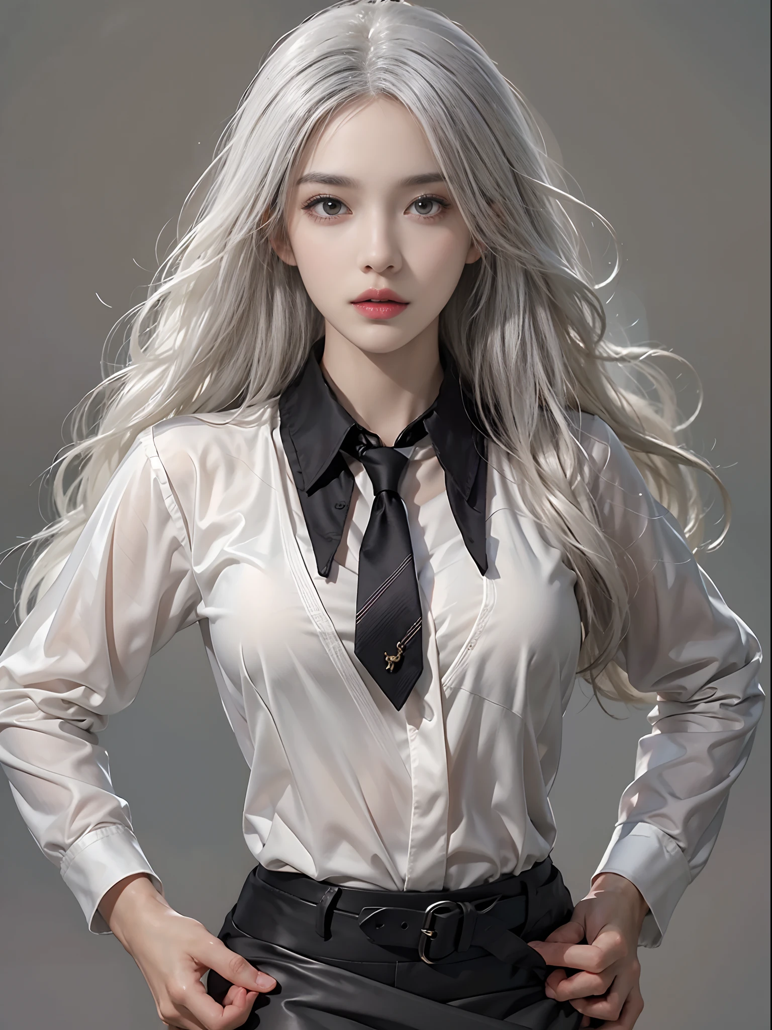 Photorealistic, high resolution, 1 Women, Solo, Hips up, Beautiful eyes, Close lips, Detailed face, White hair, Long hair, Collared shirt, black necktie,Black skirt, pencil skirts, Fur coat, Black stockings