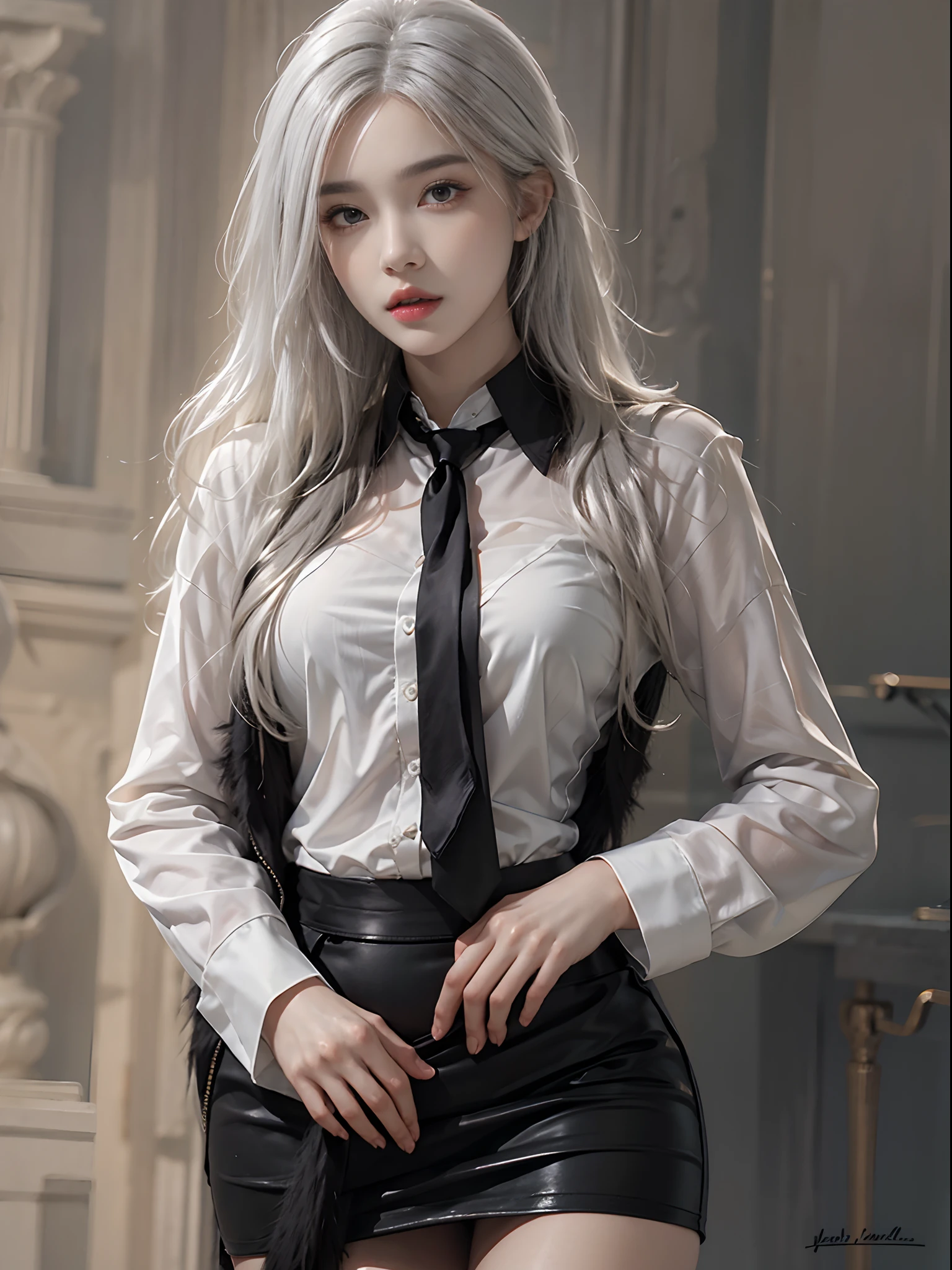 photorealistic, high resolution, 1 girl, hips up, beautiful eyes, white hair, long hair, ringed eyes, collared shirt,black necktie,black skirt, pencil skirt, fur coat