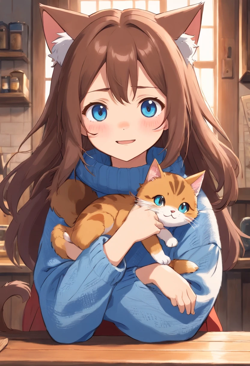 Soft, cute adult neko with puffy brown hair wearing a loose fuzzy blue sweater, adorable, has cat fangs and a blushy look on her face, OwO